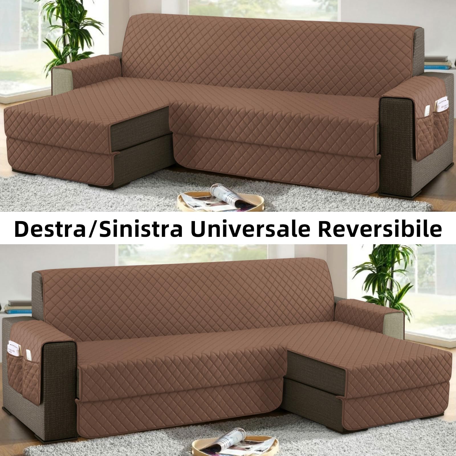 Copridivano 3 Posti con Penisola (L 250 CM), Copridivano Penisola Destra/Sinistra Universale Reversibile, Copridivano Impermeabile Antigraffio Indispensabile per Animali Domestici - Marrone Chiaro