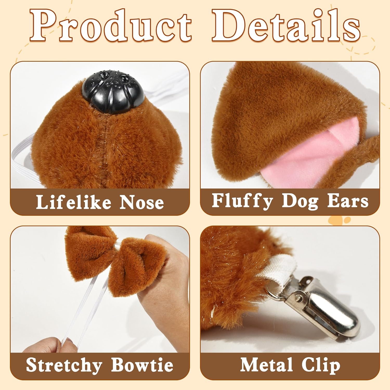 4Pcs Dog Ears Headband and Tail Nose Bow Tie Set, Brown Puppy Dog Ears Costume Accessories for Women Adult Halloween Carnival Party Supplies - Image 5