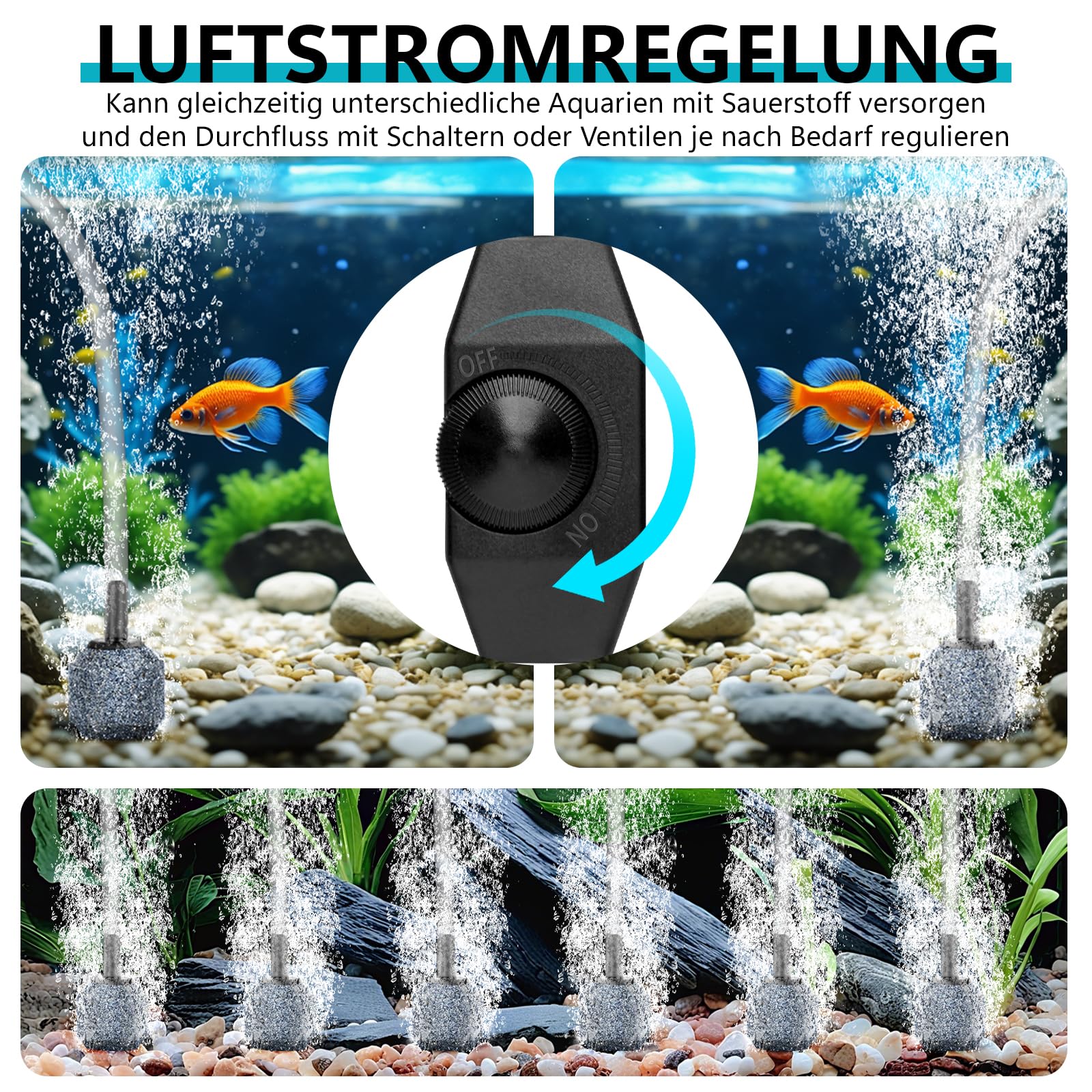 Aquarium Luftpumpe mit 6 Ausgängen | 25W Regelbare Teichbelüfter für Gartenteiche mit 6 Luftsteine | Belüfterpumpe | Leistungsstarke Sauerstoffpumpe | Teichbelüftung, Bis Zu 3300 L/H