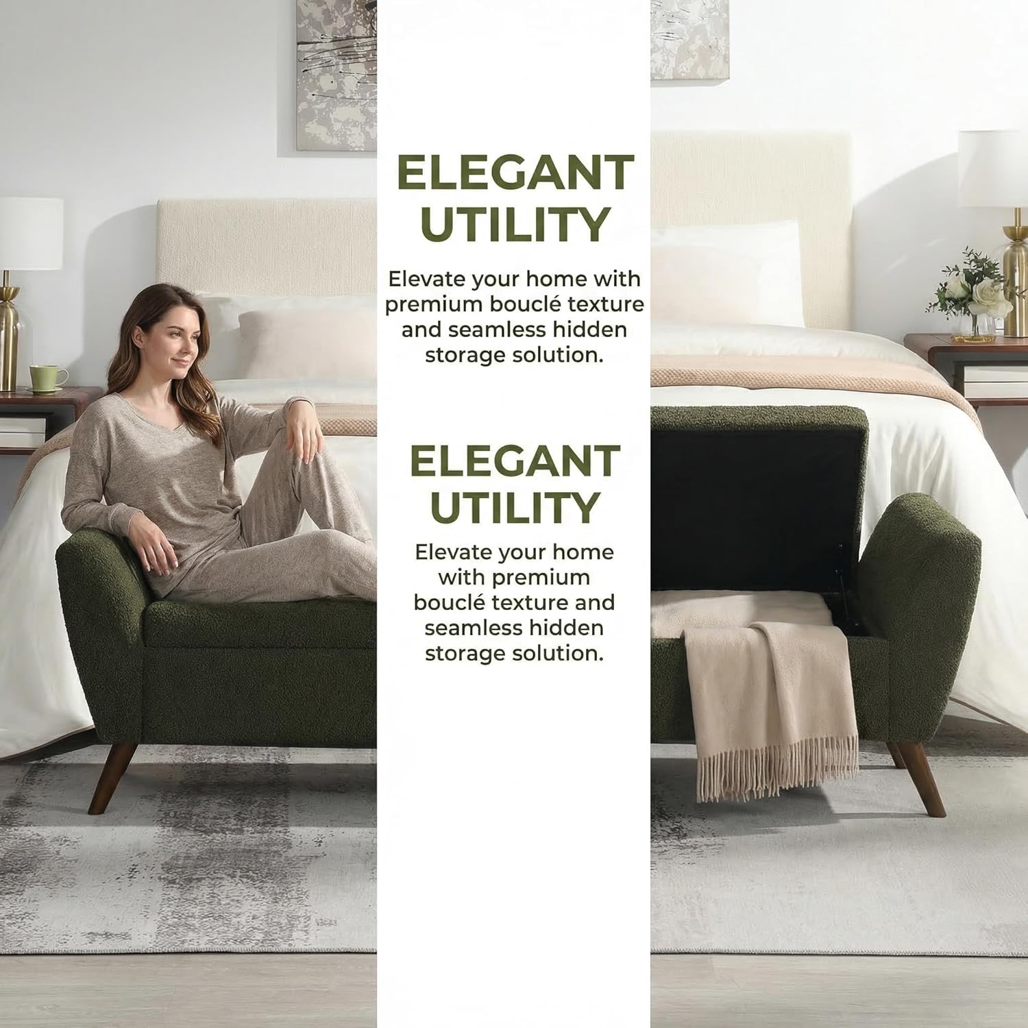 60'' Modern Upholstered Storage Ottoman Bench with Mid-Century Wood Legs, Entryway Bench with Hidden Storage for Living Room, Bedroom, and End of Bed, Comfort Padded Seat (B-Green)