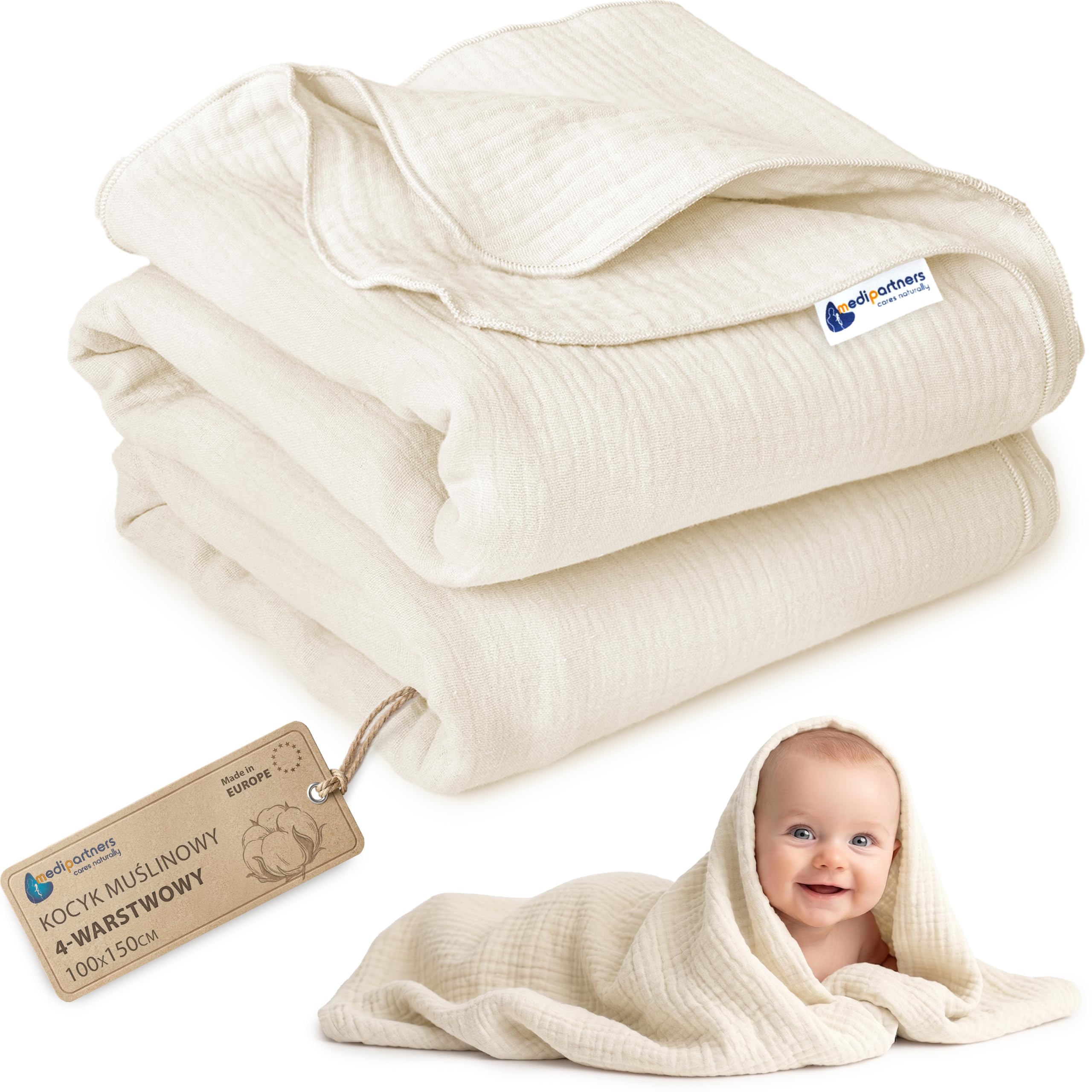 Medi Partners Muslin Baby Blanket 75 x 100 cm Baby Blanket Muslin Blanket Newborn - Thin Cuddly Blanket Summer Baby Blankets for Toddlers Crawling Blanket Children's Bed Pram (Beige)