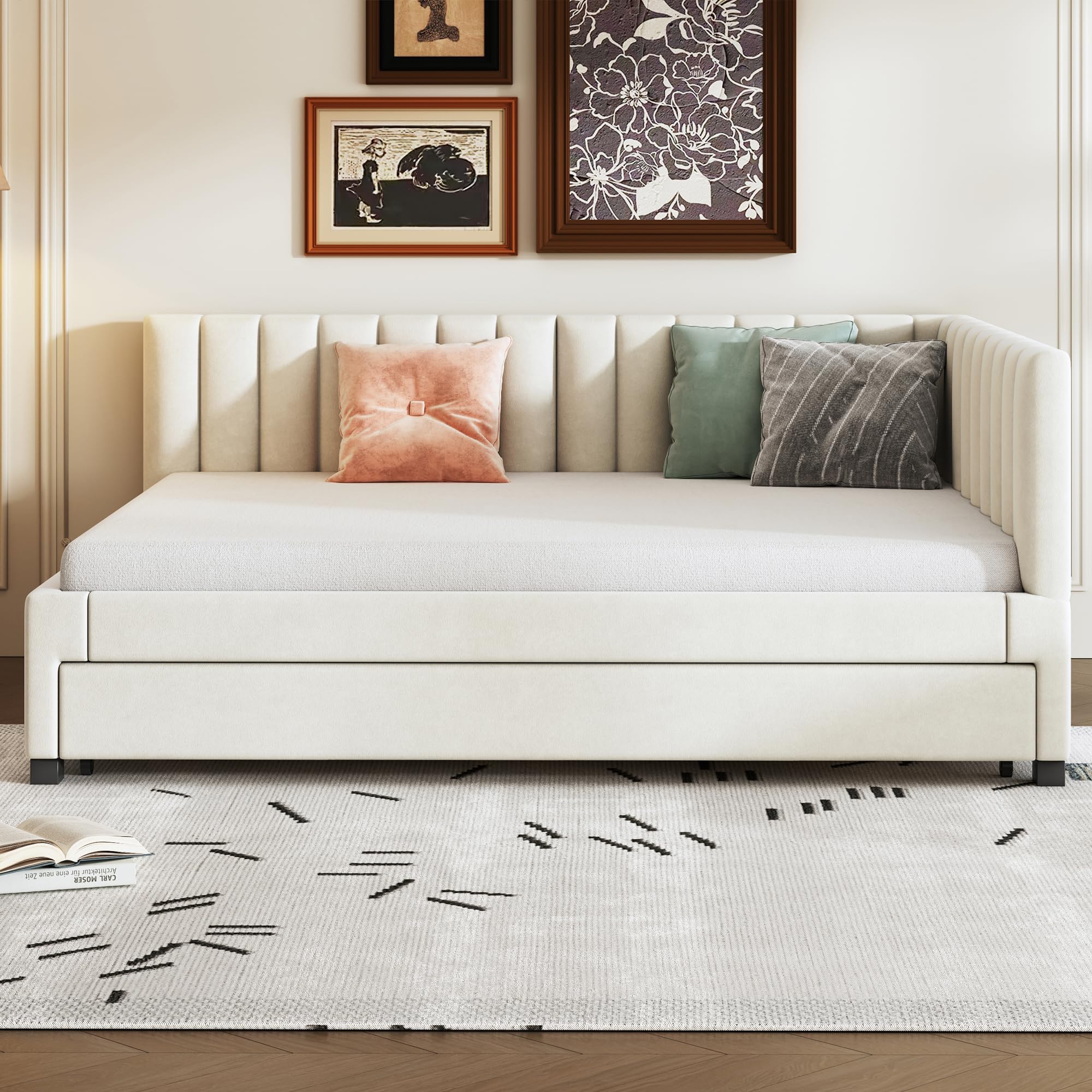Letto imbottito 140x200 cm divano letti con letto estraibile matrimoniale per adulti bed multifunzionale con rete a doghe per gli ospiti letti a terra beige