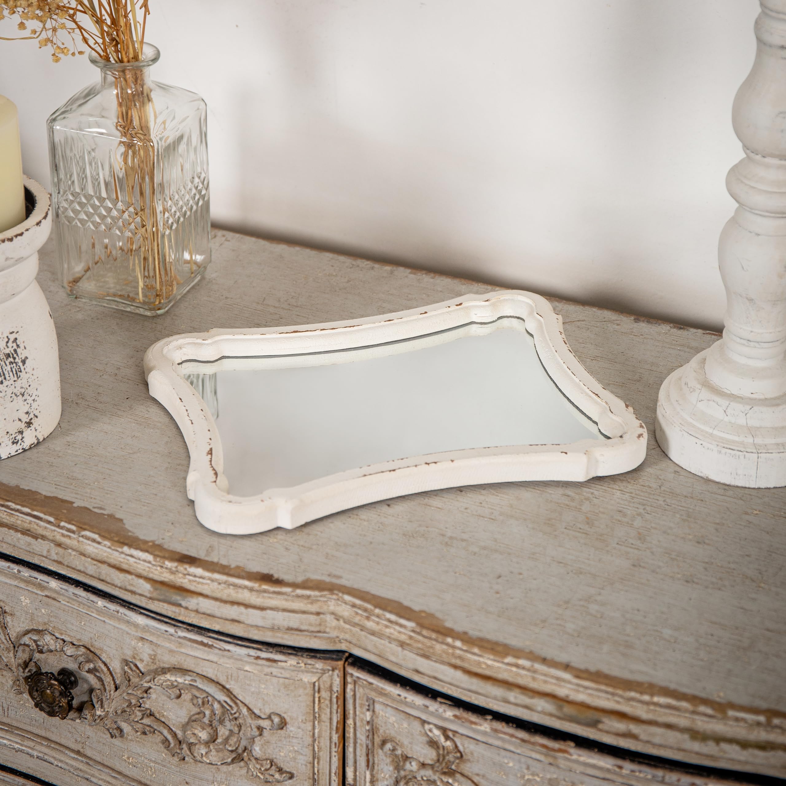Espejo de pared pequeño con marco de madera rústica, 12 x 9 pulgadas, espejo decorativo vintage blanco envejecido hecho a mano, espejos de baño de granja para tocador, espejos esculpidos 4