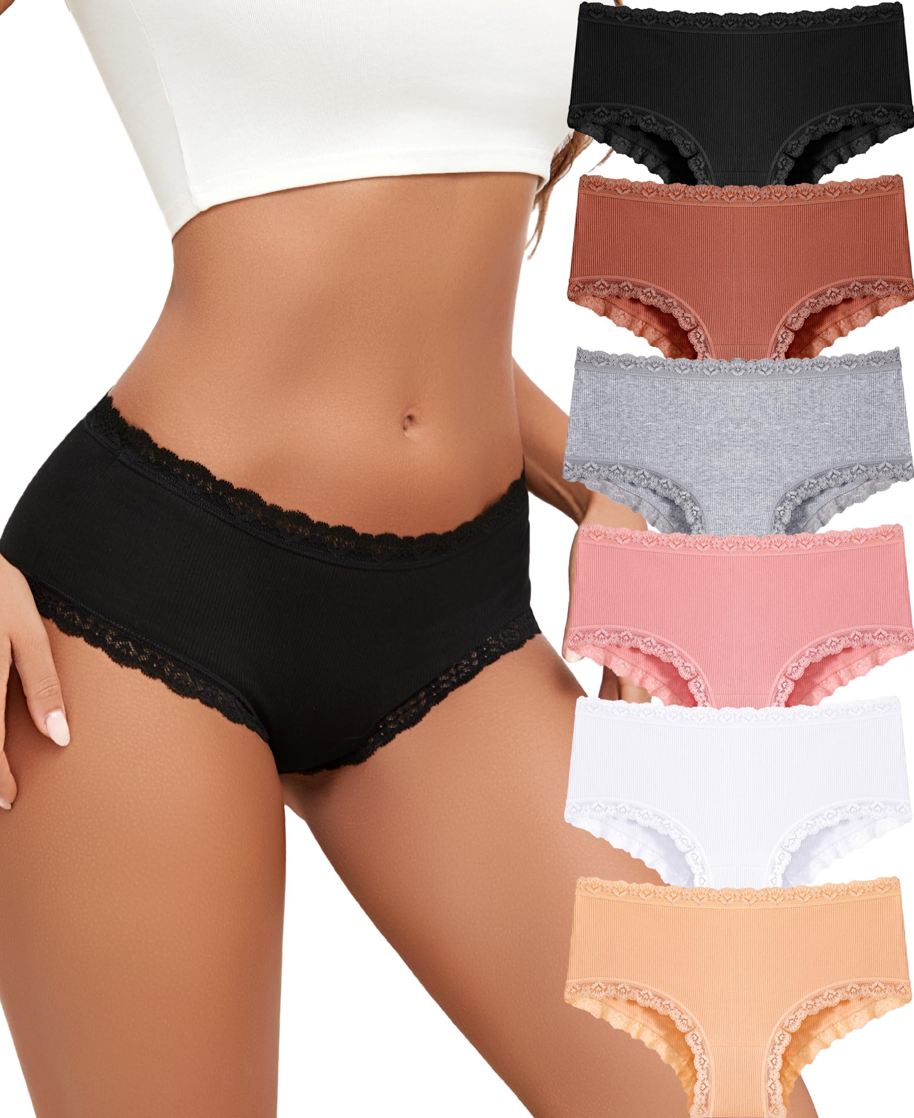 ALL OF ME 6er Pack Baumwoll Unterwäsche Damen Brazilian Slip Pantys Spitzen Medium High Waist Unterhosen für Frau Weiche und Bequem Mehrpack S-XXL
