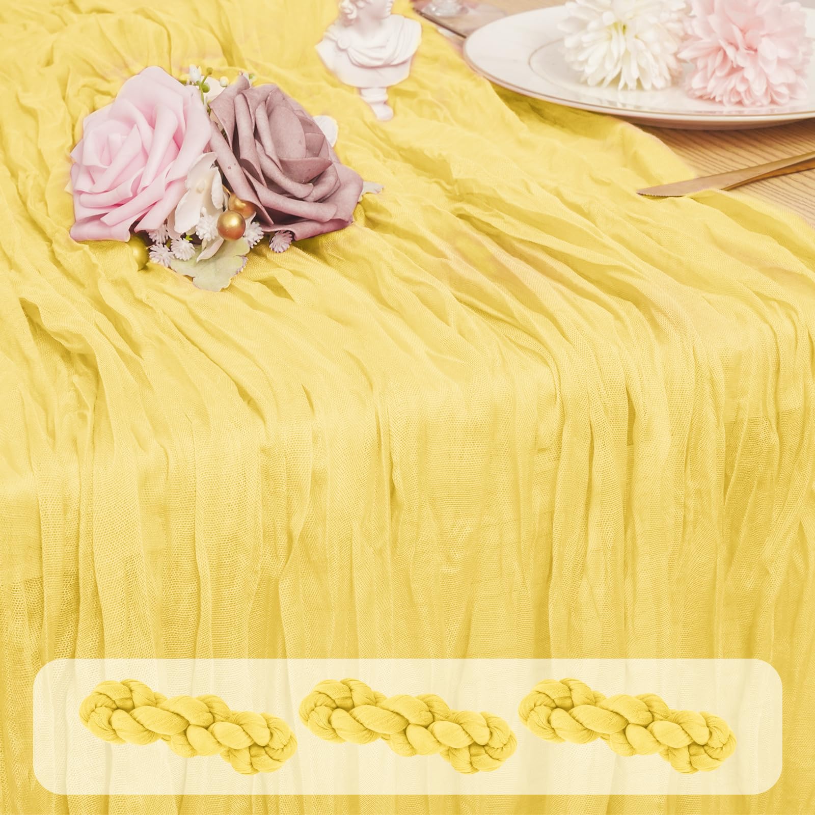 3 Pack Light Yellow Cheesecloth Table Runner, 45 x 275 cm Light Yellow Boho Rustic Gauze Cheese Cloth Table Runner Romantic Sheer Fabric Cheese Cloth Table Runner for Wedding Party Garden Farmhouse