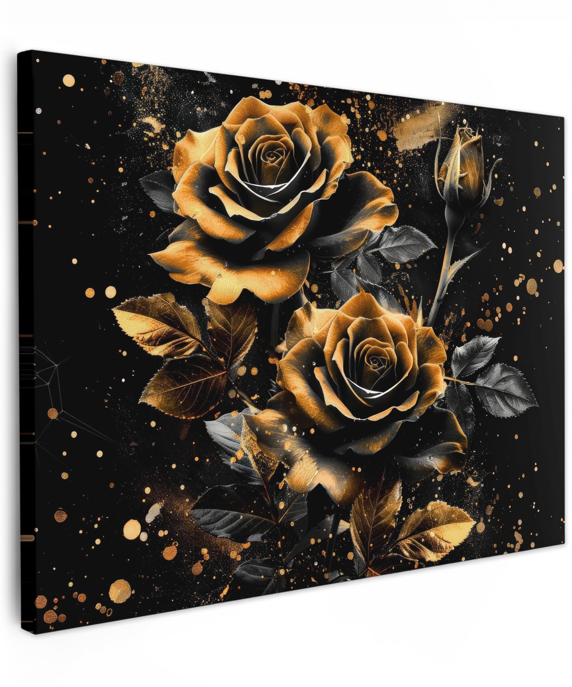 MuchoWow© Leinwandbilder 70x50 cm Wall Art Decoration Bilder für die Wand Schlafzimmer Deko Canvas Painting Wanddekoration Wohnzimmer Blumen - Gold - Schwarz - Kunst