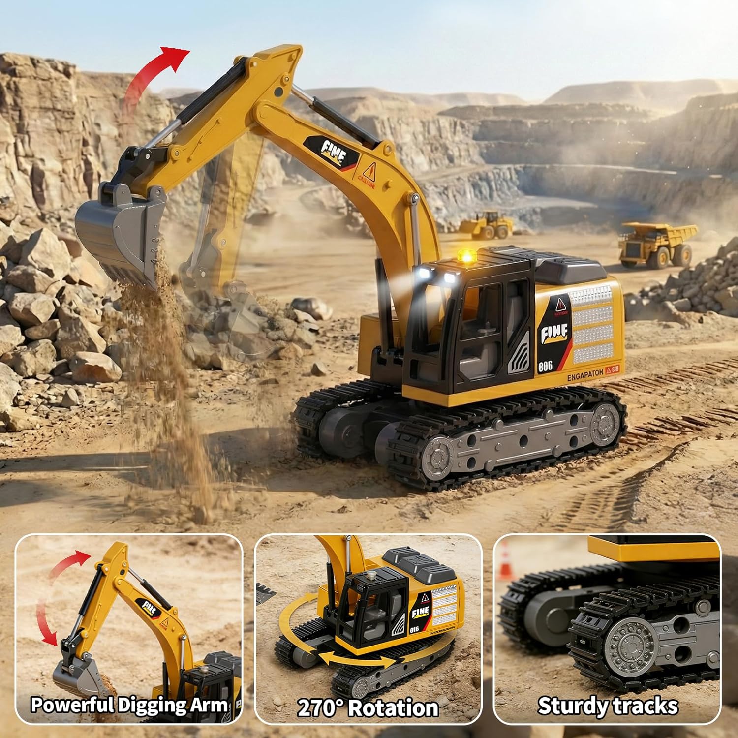1/64 MINI RC Excavator with Play Sand Box Set,Portable Indoor & Outdoor Construction Truck，Desktop Toy with Lights & Sounds,Gift for Boys Kids 6+ & Adults
