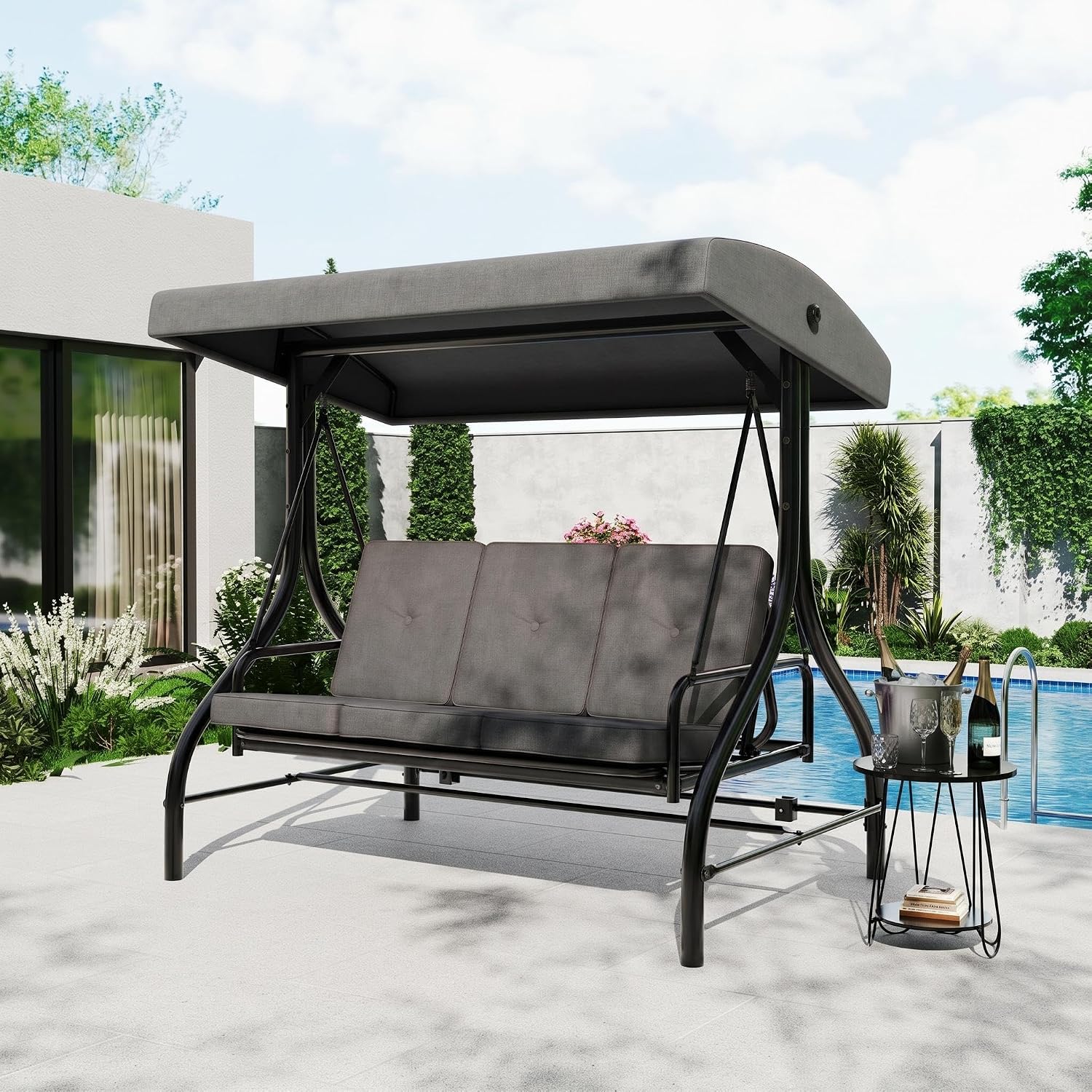 3-Seat Outdoor Porch Swing with Adjustable Canopy, Patio Swing Chair with Stand, 800 Lbs Heavy Duty Steel Frame, Reclines to 180° Swing Bed, Cup Holder Trays, Cushions & Pillows for Garden, Grey
