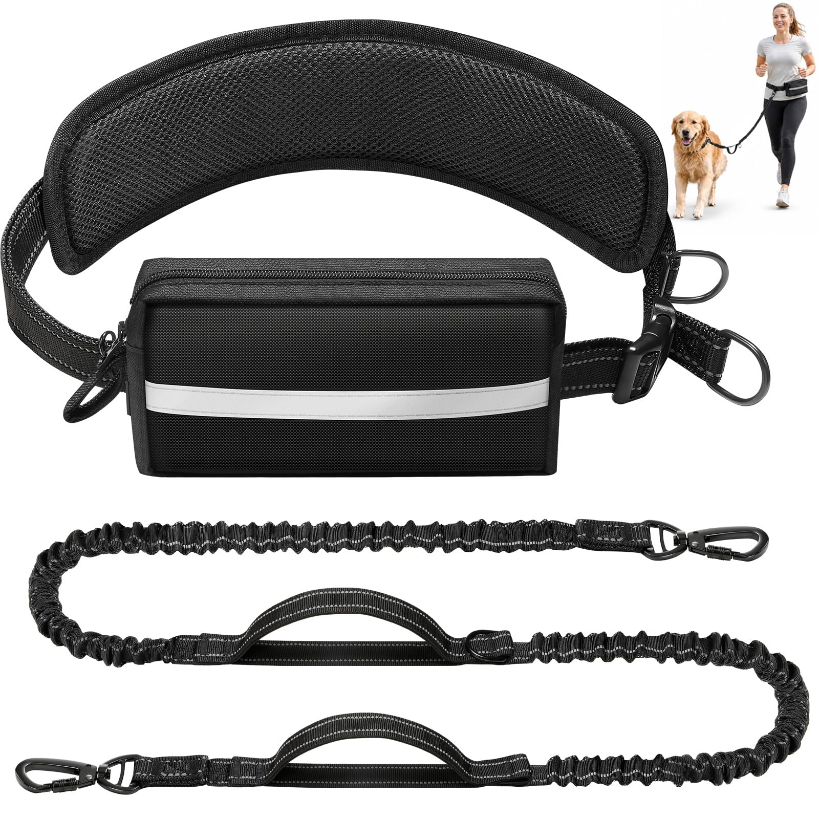 Gimars Hands Free Dog Lead with Waist Bag and Padded Belt Elastic Dog Running Lead for Walking Jogging Training Stretch 1.2-1.7m
