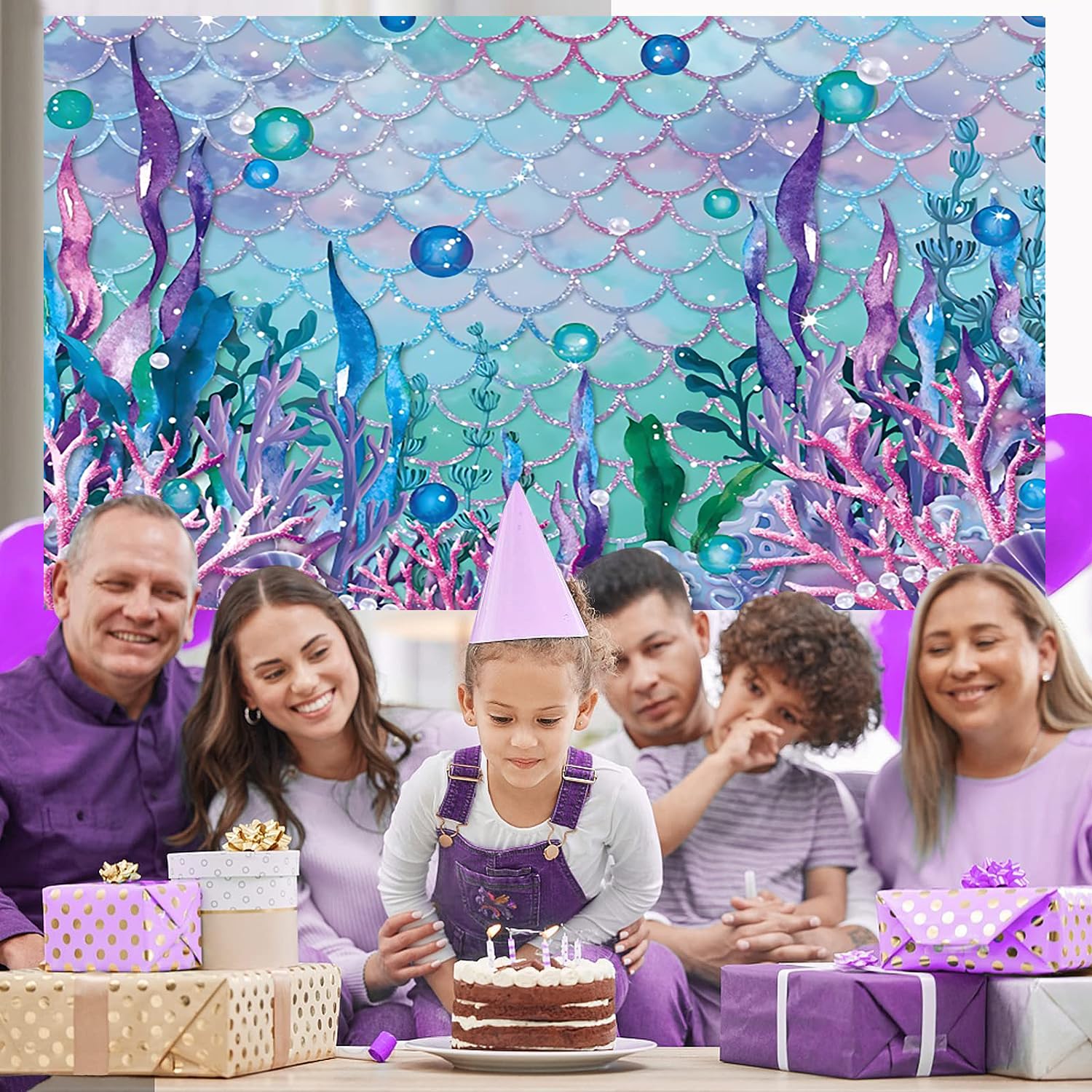 2.4x1.8m Telón de Fondo de Sirena bajo el mar púrpura corales Perlas Fotografía Fondo Chica Princesa Sirenita Cumpleaños Cake Mesa Decoraciones Banner Photo Booth Props