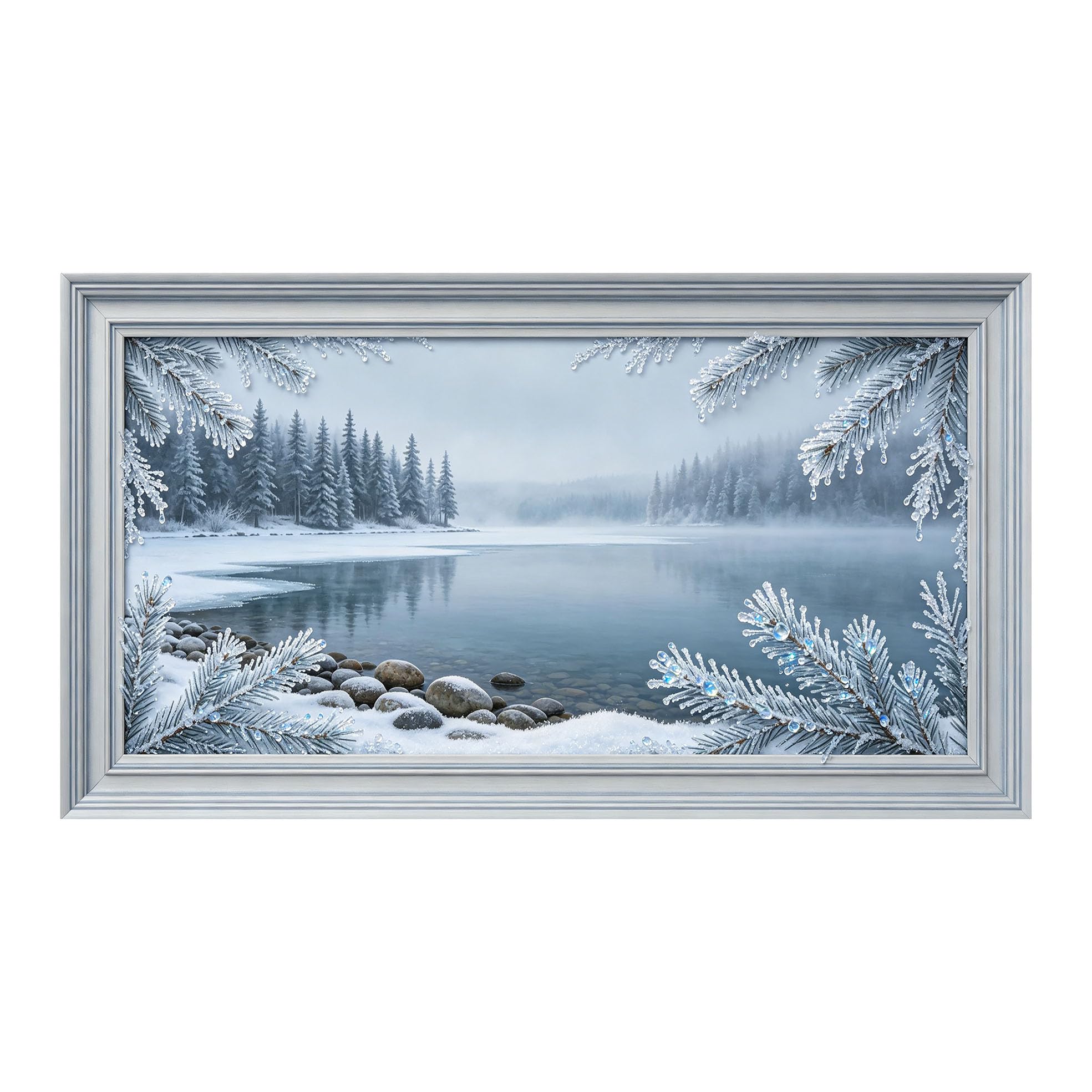 Yzpallescene 3D Framed Wall Art 50cm×100cm Snowy Lake Mountain Panoramic Window View Large Size SelfAdhesive Removable Wall Decor Prints Artwork for Living Room Bedroom Office