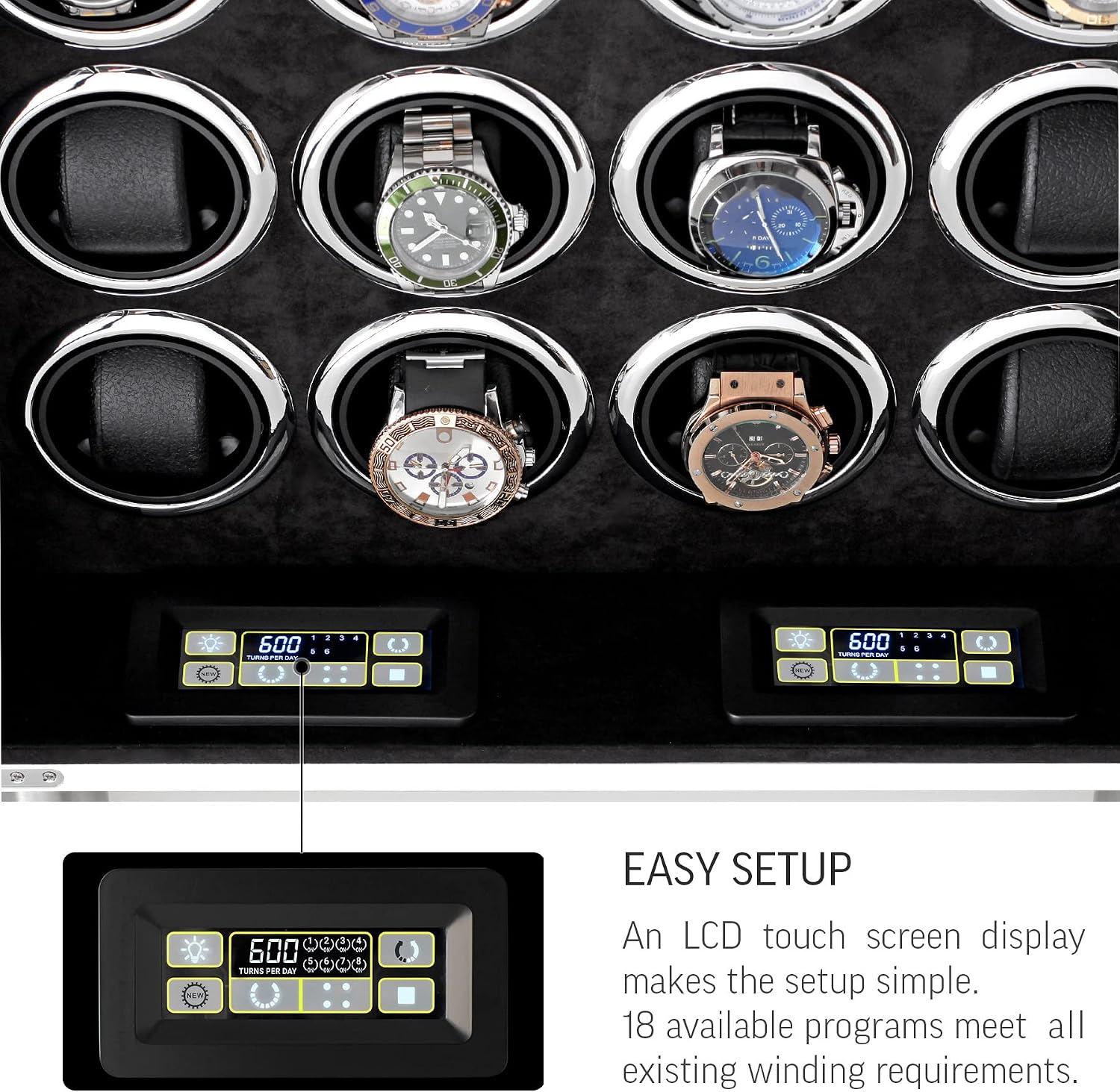 16 Watch Winder for Automatic Watches with LED Interior Light and Coordinated Rotor Stop