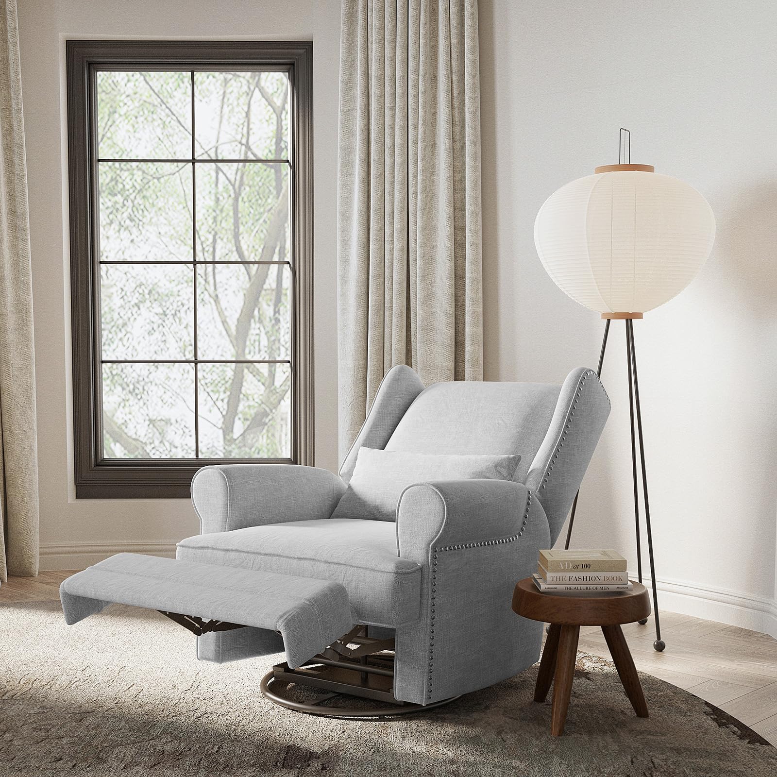 Condition photo showing New/Like New for Swivel Nursery Glider Recliner, Comfy Upholstered Glider Chair with Lumbar Pillow and Footrest, Swivel Rocking Chair for Living Room, Grey