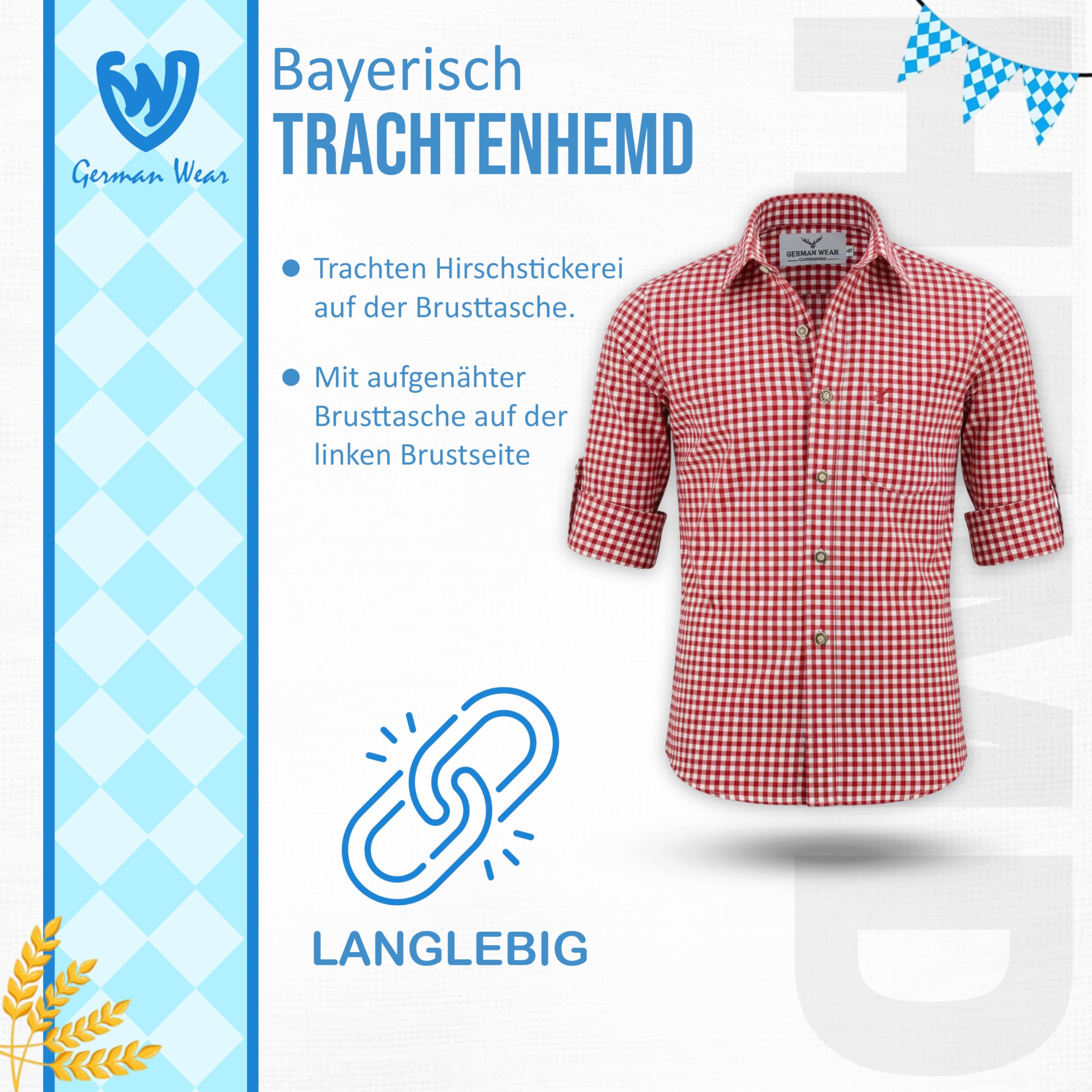 German Wear Trachtenhemden für Herren mit Langen Ärmeln, klassisches Karomuster, hochwertige bayerische Mode mit Hirsch-Stickerei und kardieten Ärmeln