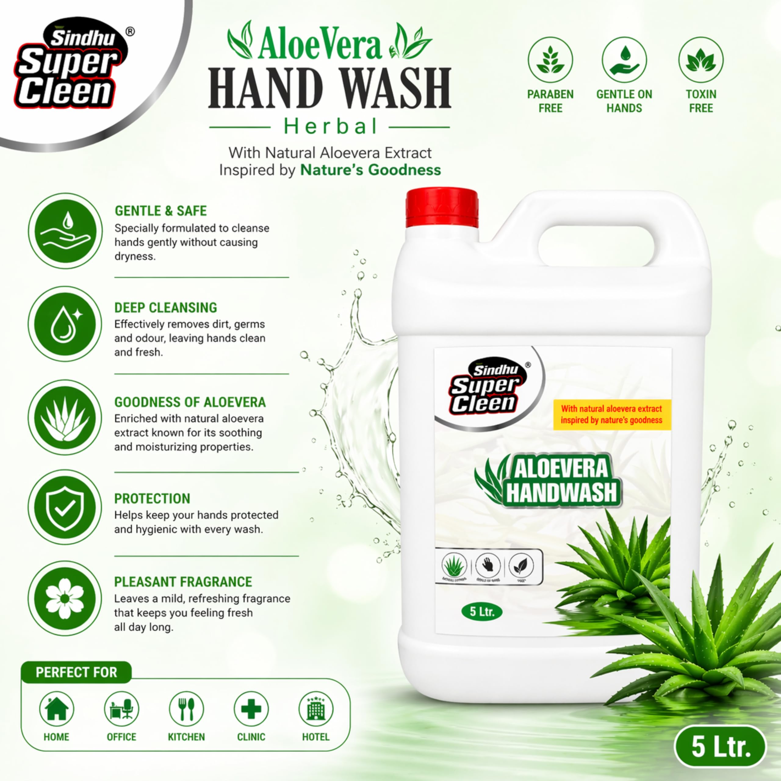 SINDHU SUPER CLEEN Handwash Liquid Aloe Vera 5 Litre | Liquid Hand Wash for Daily Hand Cleaning | Bulk Pack for Home, Office, Kitchen & Bathroom Use 1