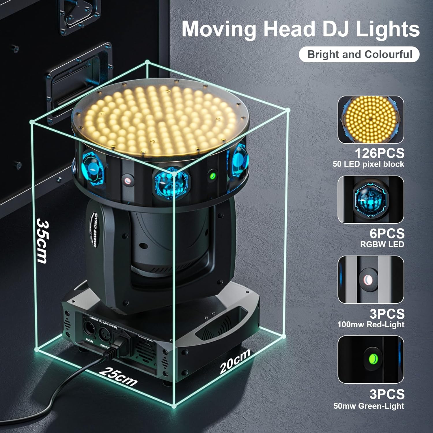 Dimensions and light components of the moving head light