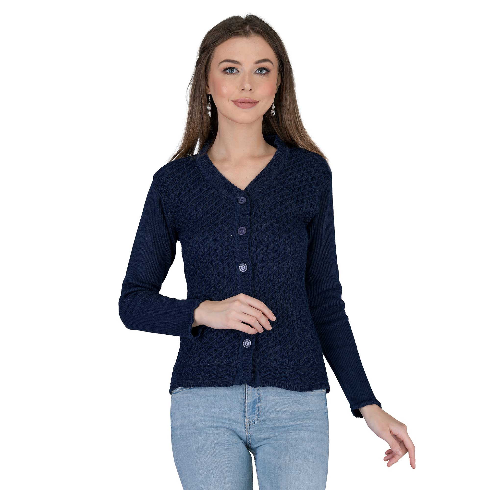 lady willington Women's Woolen V-Neck Cardigan - Heavy Daffodil Fabric Winter Wear Pure Wool Cardigan for Women - Free Size Long Cotty Fully Warm - XL, Navy-picture-52