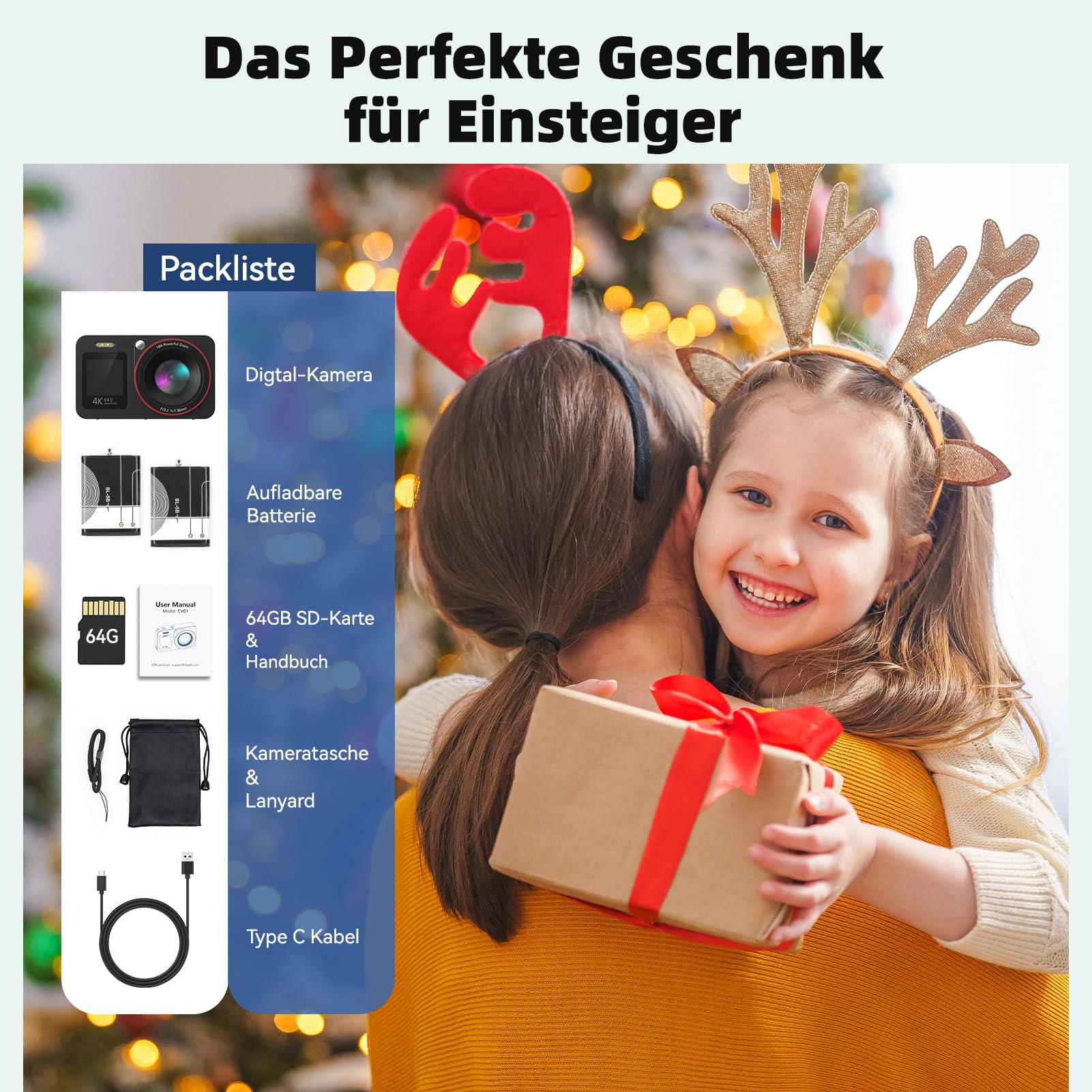 Digitalkamera 4K 64MP Vlogging Fotokamera Kompaktkamera 18X Digitalzoom Kamera für Kinder mit 2 Bildschirme, 2 Batterien, 64GB SD Karte für Kinder Teenager Anfänger, Schwarz