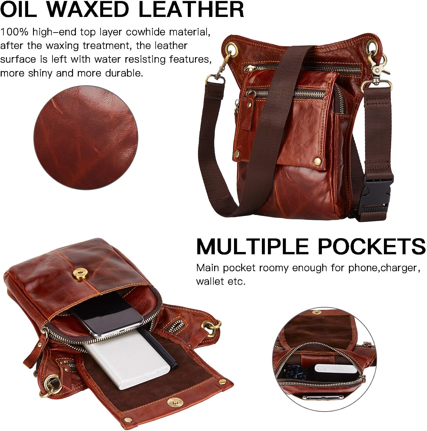 Vintage Handmade Outdoor Motorcycle Bike Drop Leather Leg Bag for Men Women Thigh Bag Waist Fanny Pack Rust Red Multi-Function Water Resistant Travel Sports