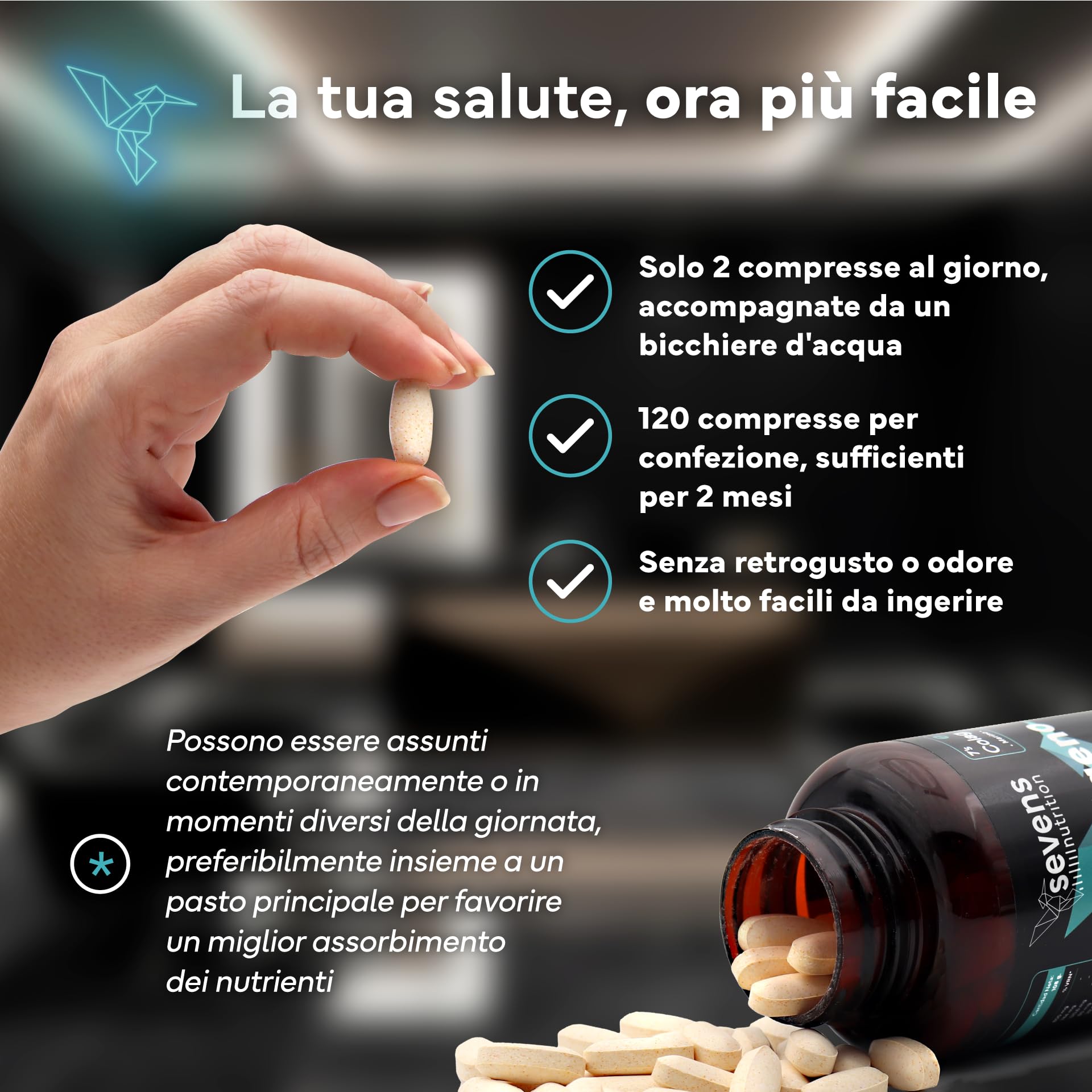Collagene marino con Acido Ialuronico Idrolizzato Puro - Integratore con Magnesio, Q10 e Vitamine A, C, D3, B12, Zinco - 120 Capsule – Pelle, Ossa e Articolazioni – Sevens