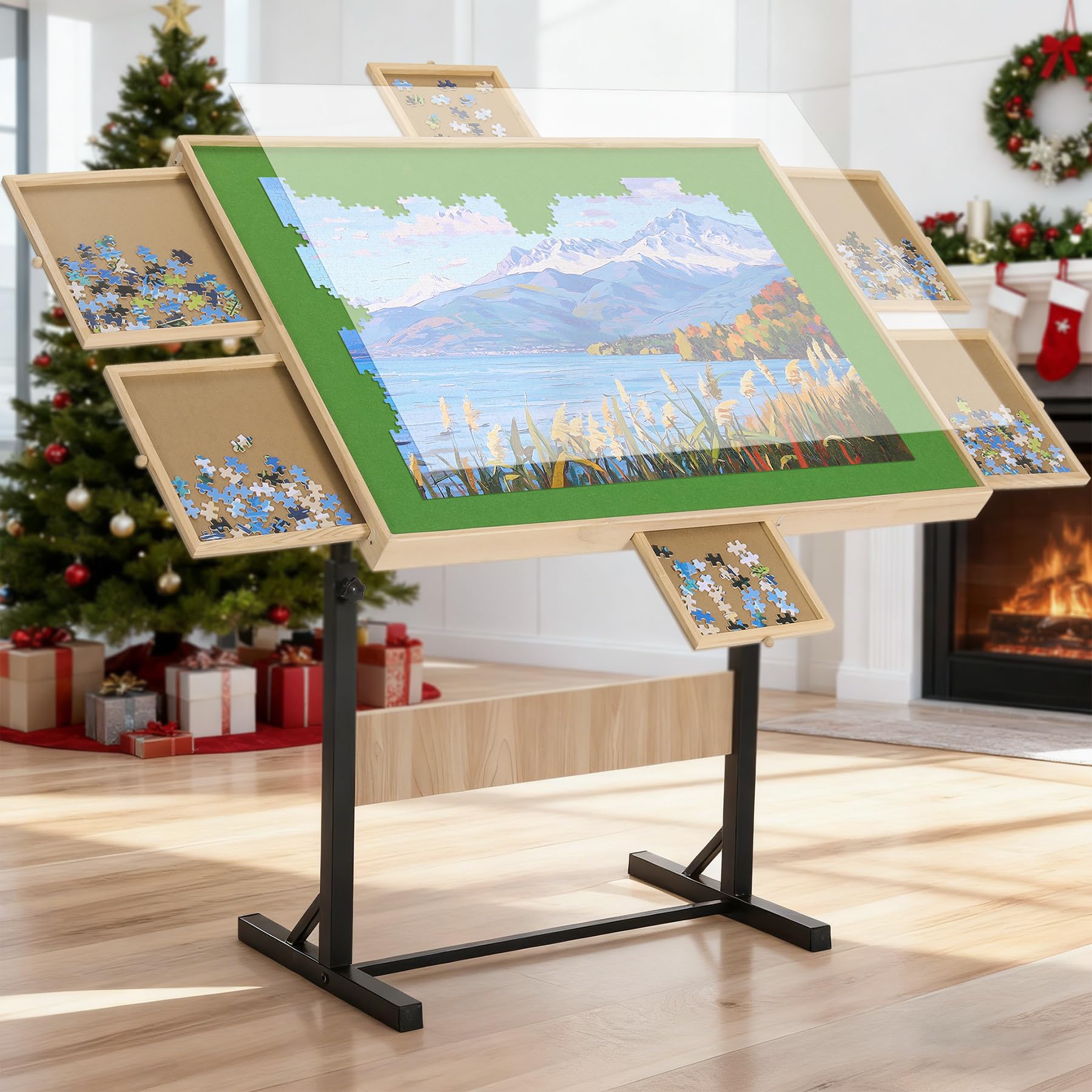 FUNTOK 1500 Piece Puzzle Table with Legs for Adults, Portable Wooden Puzzle Board Table with Drawers, Adjustable Height, 4-Tilting-Angle, Transparent