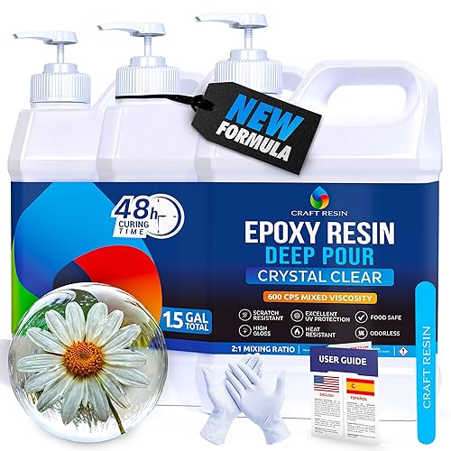 CRAFT RESIN Kit de resina epoxi transparente de 1.5 galones con bombas, seguro para alimentos y resistente a los rayos UV, mejor para bricolaje,
