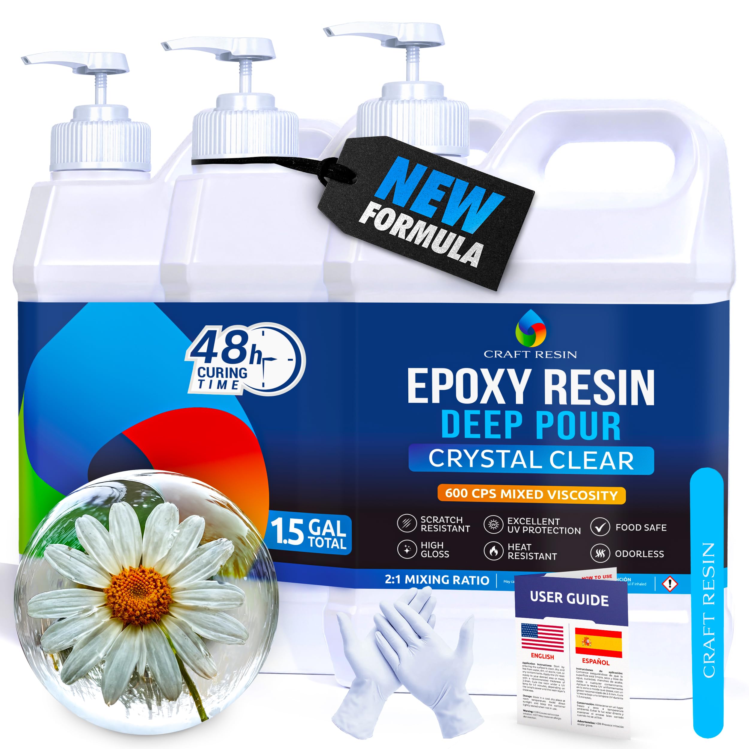 CRAFT RESIN 1.5 Gallon Crystal Clear Deep Pour Epoxy Resin Kit with Pumps - Food Safe & UV Resistant Best for DIY, Art, River Table, Wood, Flower, Mold Casting Resin Epoxy Kit - for Beginners & Pros