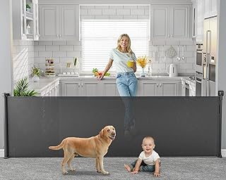 118 inch Retractable Baby Gates Extra Wide for Large Opening DynaBliss Retractable Baby Gate for Stairs Doorway Extra Long Dog Gate Adjustable Large Pet Gates for Dogs Indoor Mesh Child Gate (Black)