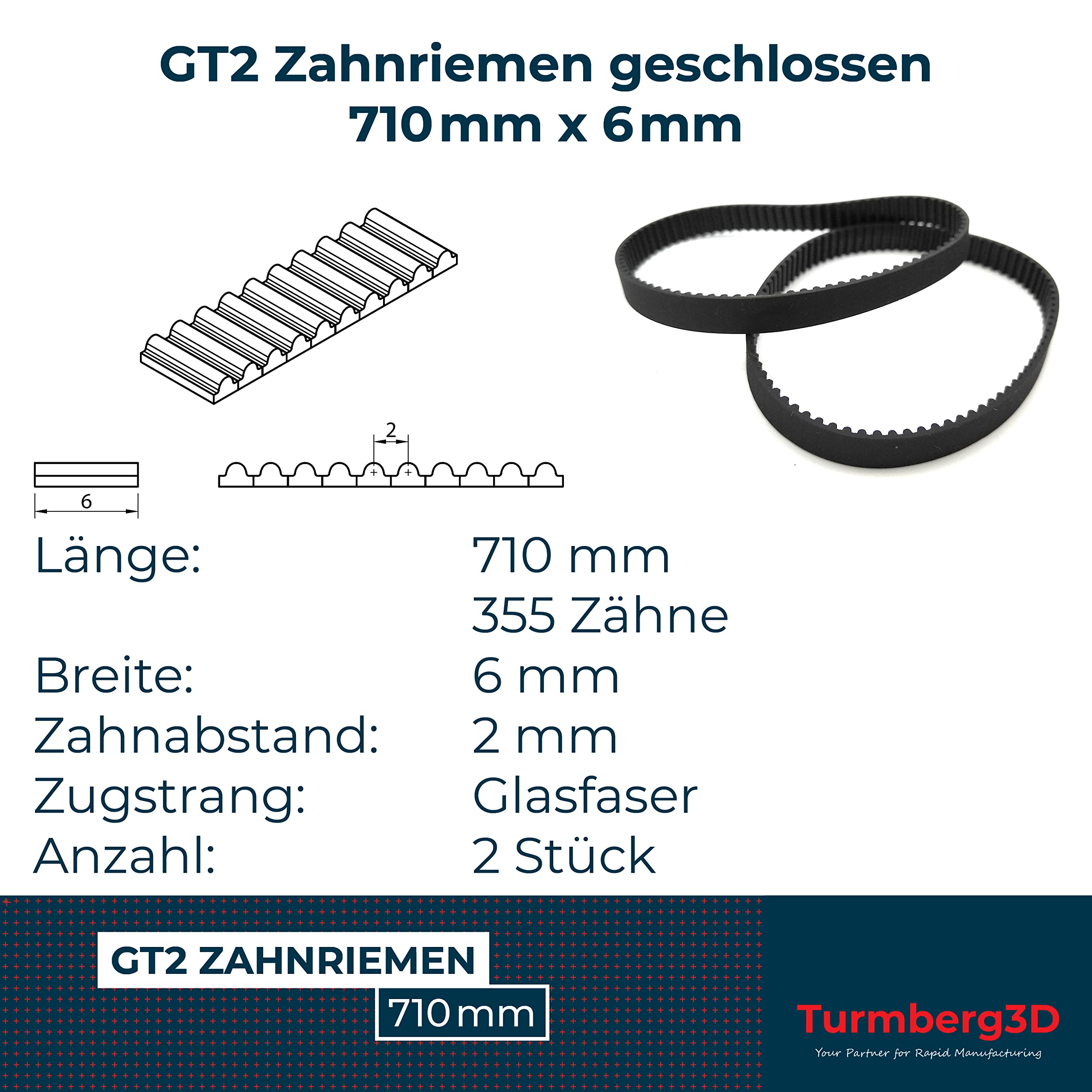 Turmberg3D GT2 geschlossener Zahnriemen - 6mm breit - Länge 284mm - je 2 Stück - Zugstrang aus Glasfaser (284mm Turmberg3D GT2 geschlossener Zahnriemen - 6mm breit - Länge 284mm - je 2 Stück - Zugstrang aus Glasfaser (284mm
