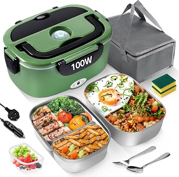 Electric Lunch Box Food Heater 100W, 3-in-1 Fast Heating Adult Lunch Box, 2 Removable 304 Stainless Steel Food Containers, 12V/24V/220V for Car, Truck & Office Green, 1.5L