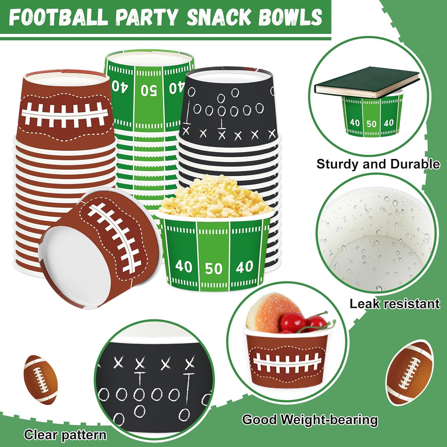 Qyeahkj 120Pcs Football Birthday Snack Bowls Disposable Paper Ice Cream Soup Chili Bowl 8oz Football Snack Dessert Treat Bowl Cup for Sport Game Day BBQ Picnic Household Party Supplies Decor