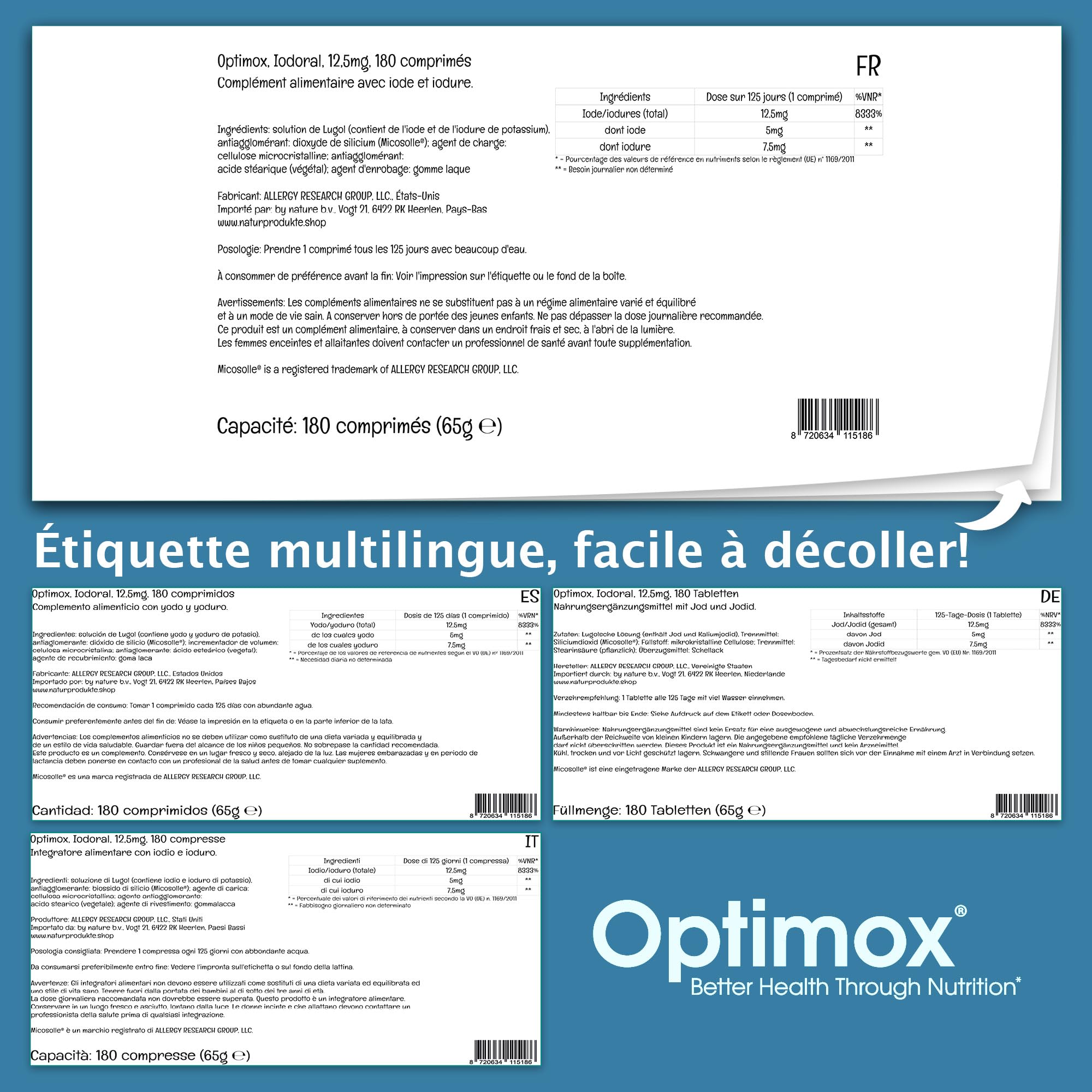 Optimox, Iodoral 12,5mg, avec Iode et Iodure de Potassium, Dépôt, 180 Comprimés végétaliens, Testé en Laboratoire, Végétarien, Sans Gluten, Sans Soja, Sans OGM