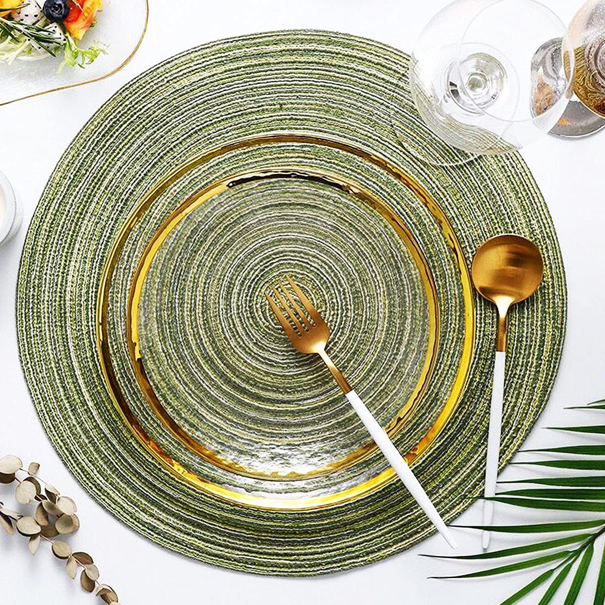 Round Braided Placemats Set of 4, Cotton Round Table Placemats 15 inch for Home Wedding Party (Green)