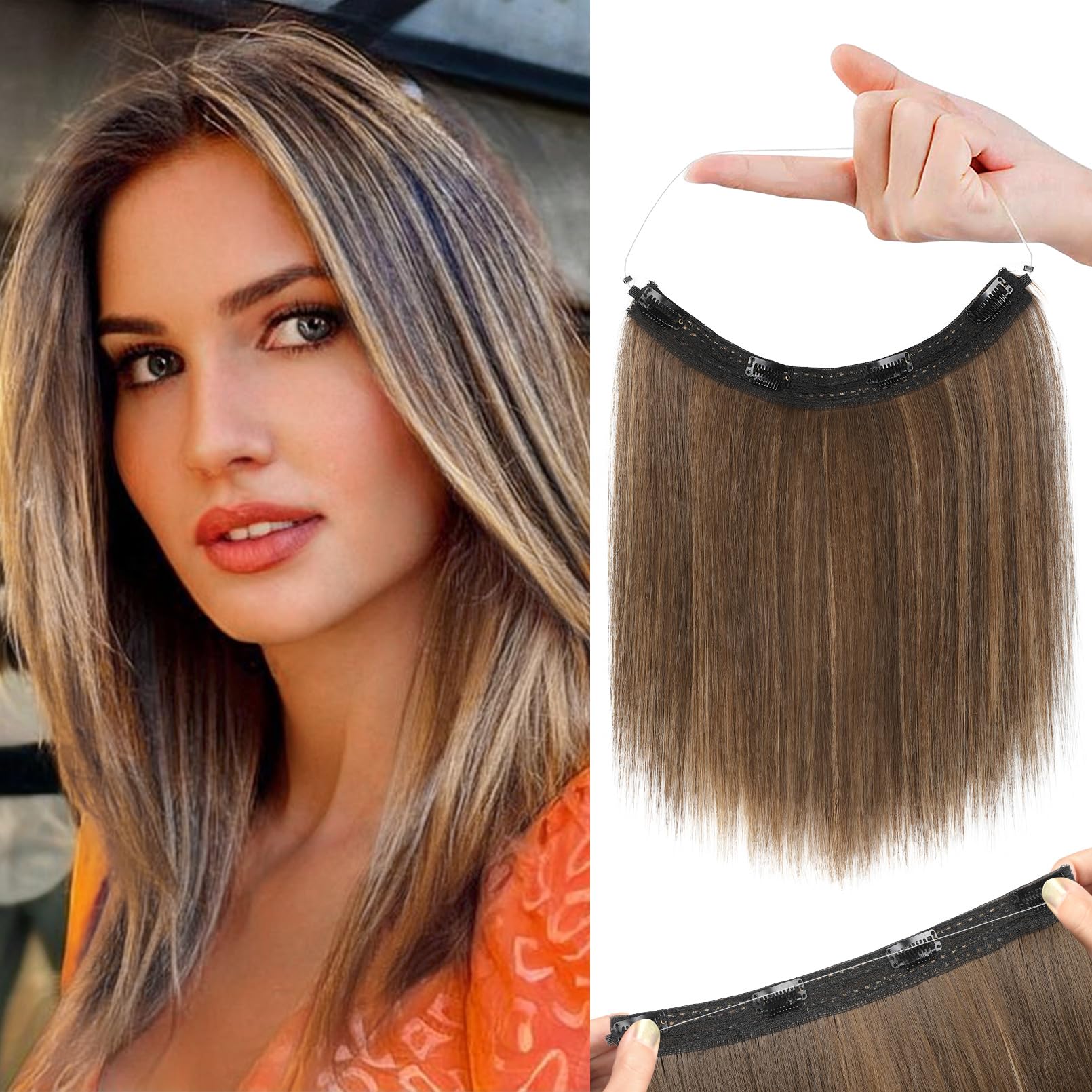 REECHO 12" Invisible Wire Hair Extensions with Thinner Softer Lace Weft Adjustable Size Removable Secure Clips in Short Straight Secret Hairpiece for Women - Chocolate Brown with Highlights