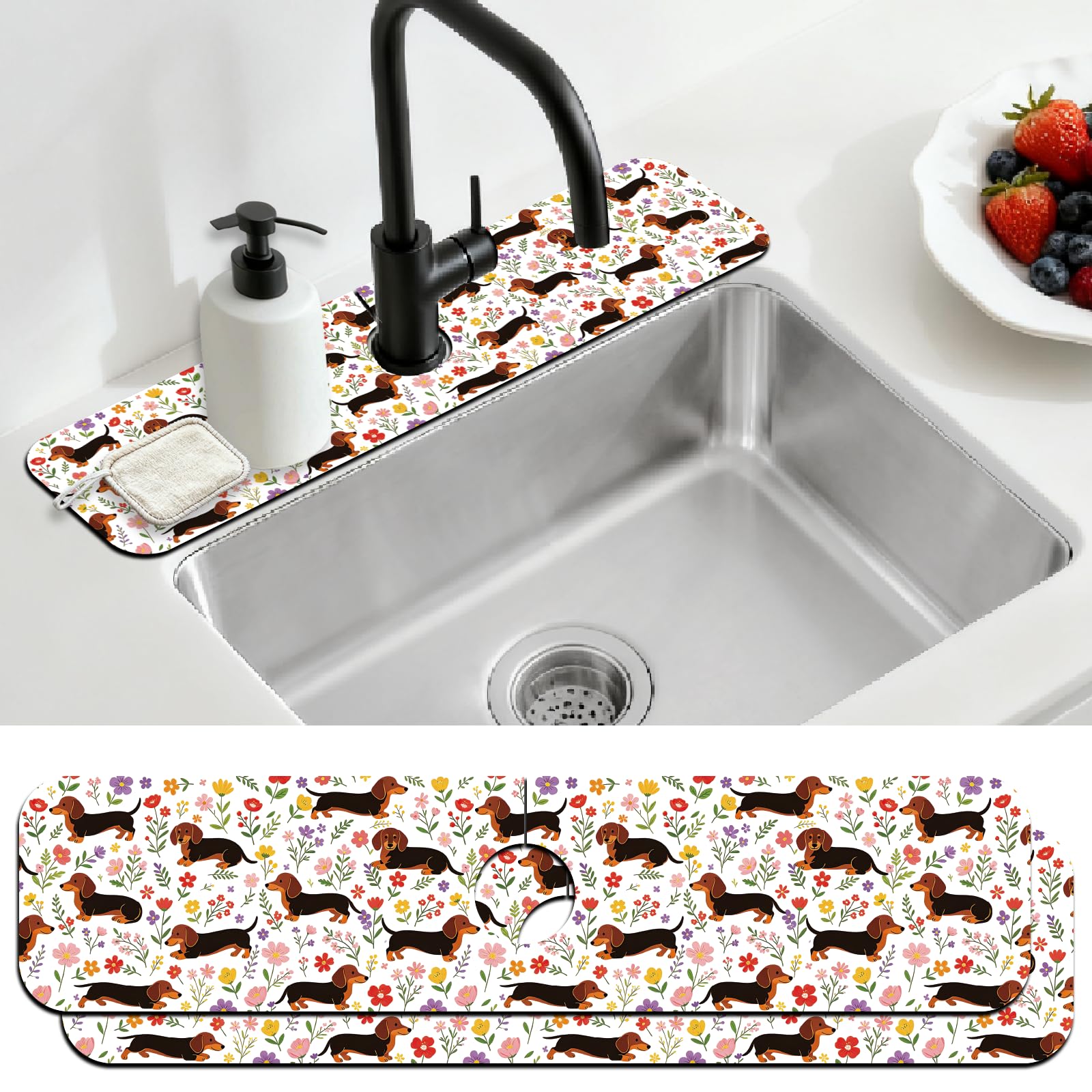 CONCHLERY 2 Pcs Kitchen Sink Splash Guard Faucet Mat Cute Dachshund Pattern Faucet Mat for Sinks Dog Absorbing Drying Mats for Kitchen Bathroom, 23.6x5.5inch — image 1