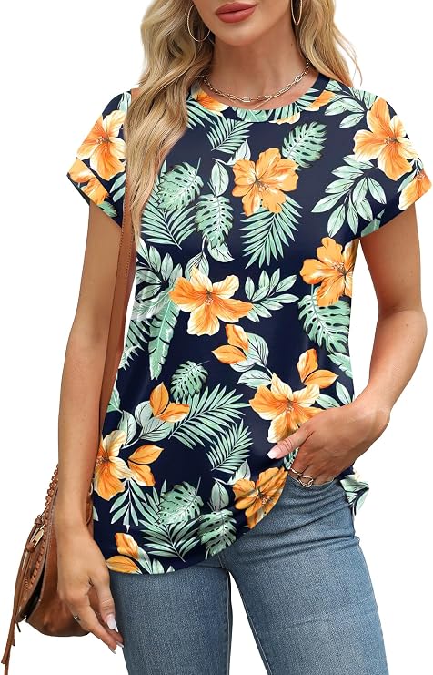 Alaroo Womens Summer Tops Short Sleeve Shirts Crew Neck Cute Trendy Tunic Blouses (S-3XL)