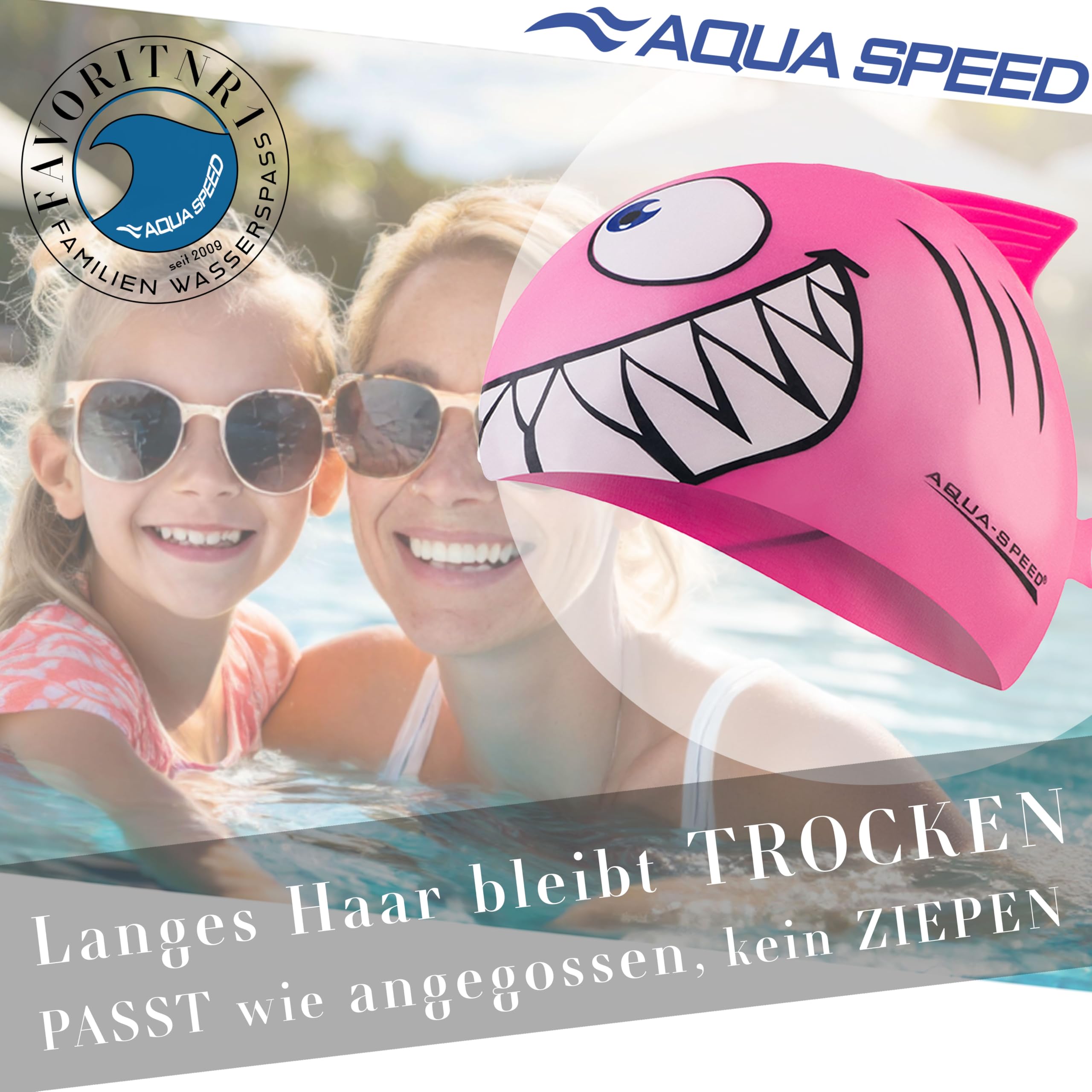 Aqua Speed Shark Gorro de natación + Toalla de Microfibra | niños | Gorras de baño Divertidos| tiburón | Silicona
