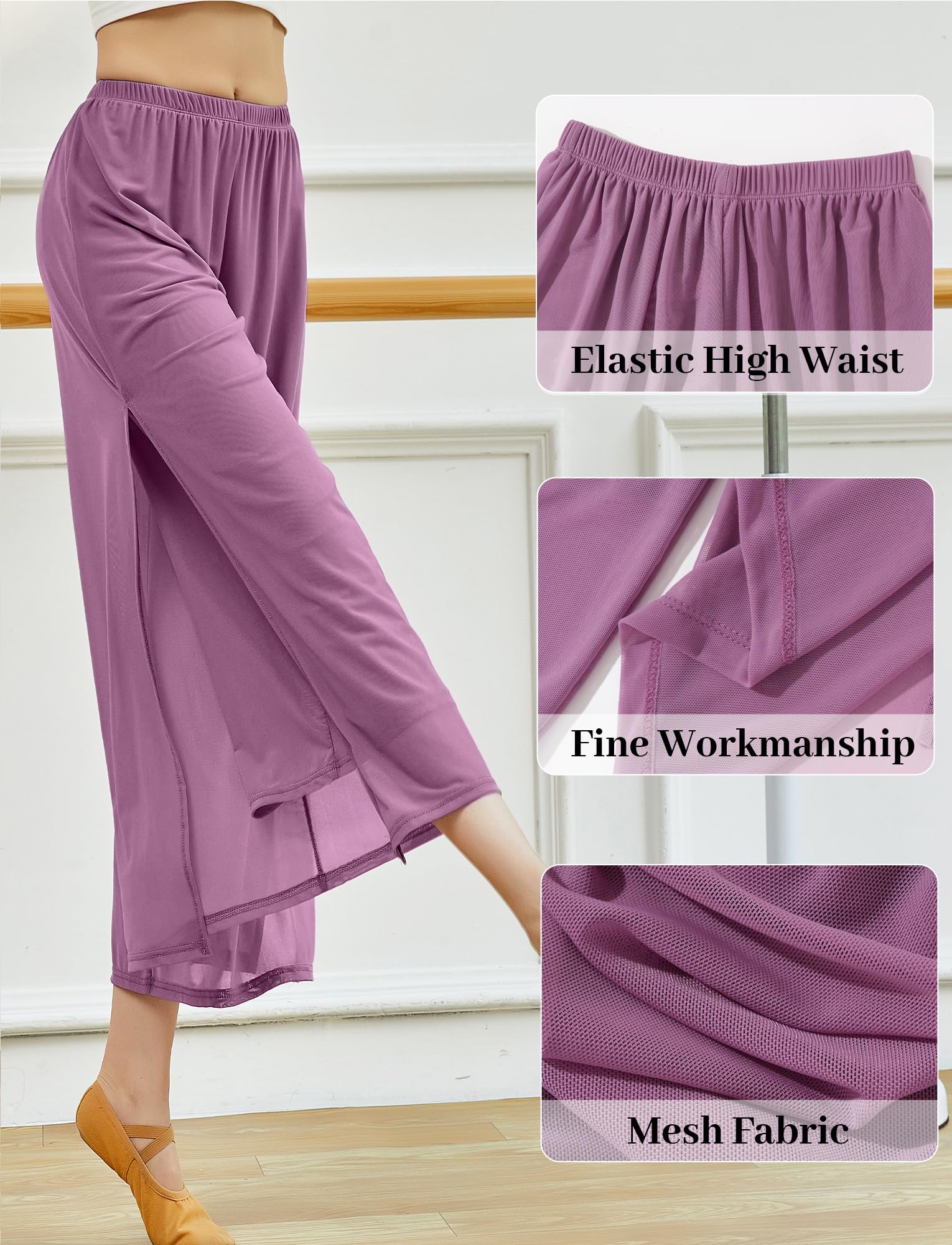 SEAUR Pantalones palazzo fluidos para mujer con abertura lateral, cintura elástica para baile lírico, disfraz clásico contemporáneo
