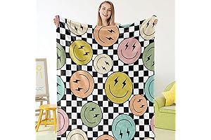 Snuggle Up with Cuddly Comfort: Fuzzy Flannel Blanket Adorned with a Cheery Smiley Face