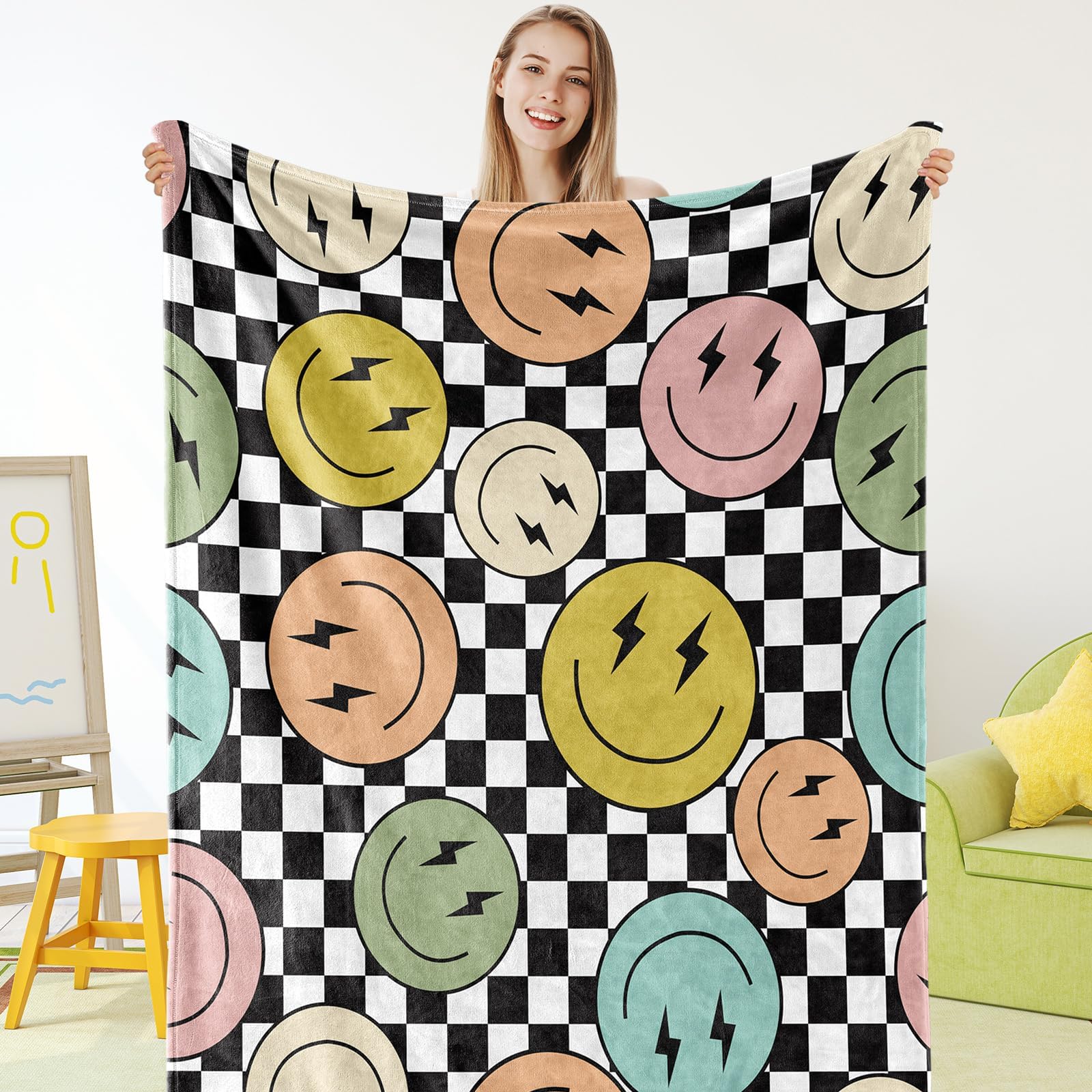 JarThenaAMCS Fuzzy Flannel Blanket Hippie Smile Face Checkerboard Throw Blanket for Home Chair Sofa Couch Bed, 50 x 60 Inch