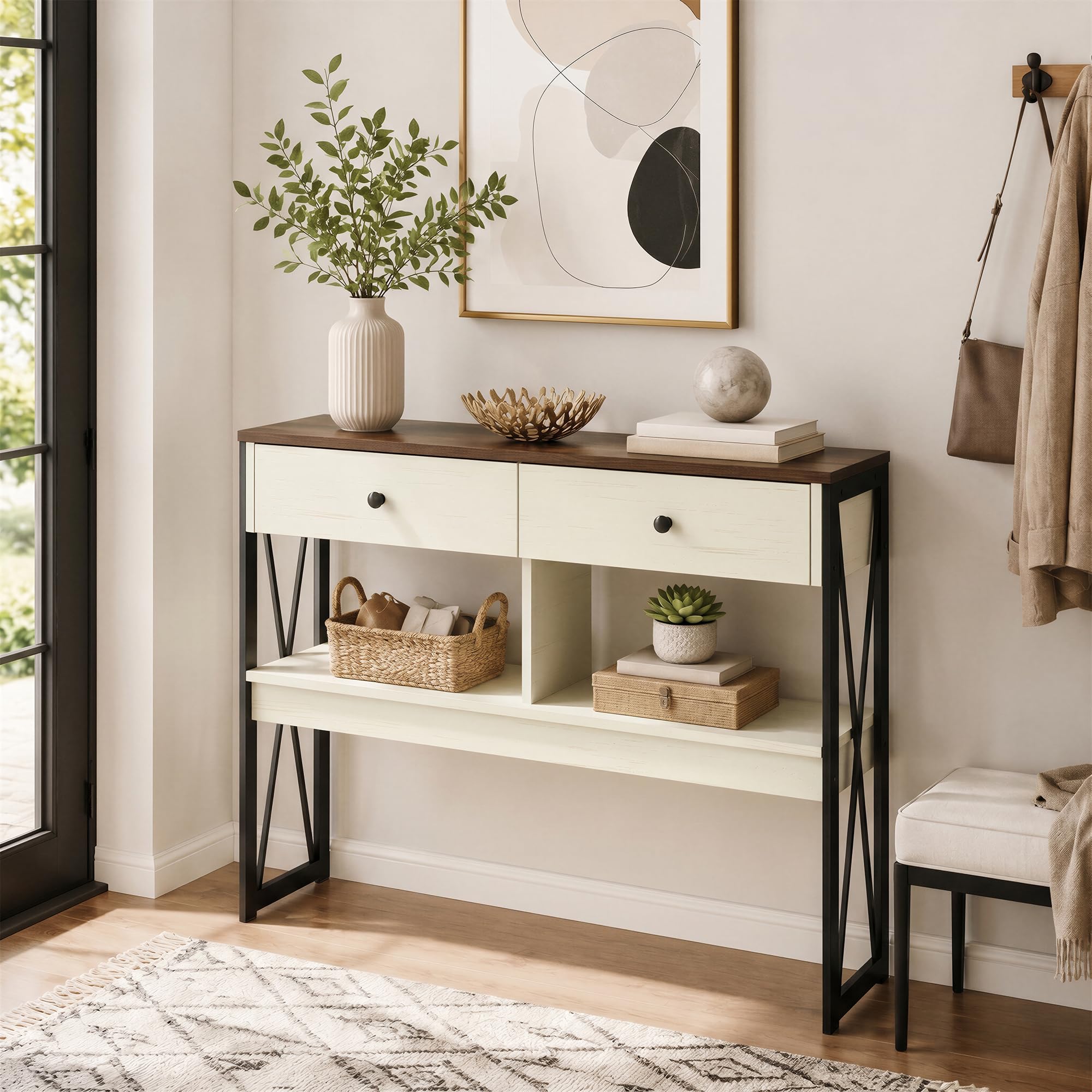 Manora Mesa de Consola Industrial, Mesa de Entrada con 2 Cajones y estantes de Almacenamiento, Mueble de Entrada para Salón, Pasillo y Recibidor, 100 x 24 x 76cm, Blanco y Marrón