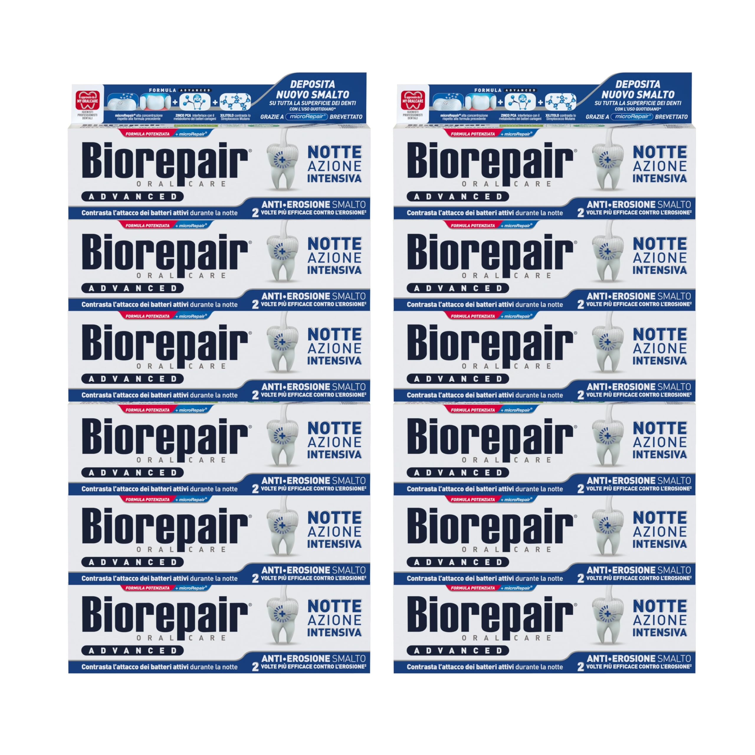 Biorepair, Dentifricio Advanced Notte Azione Intensiva, Anti-Erosione Smalto, Con MicroRepair, Zinco PCA, Xilitolo, Senza Fluoro, 12x75ml