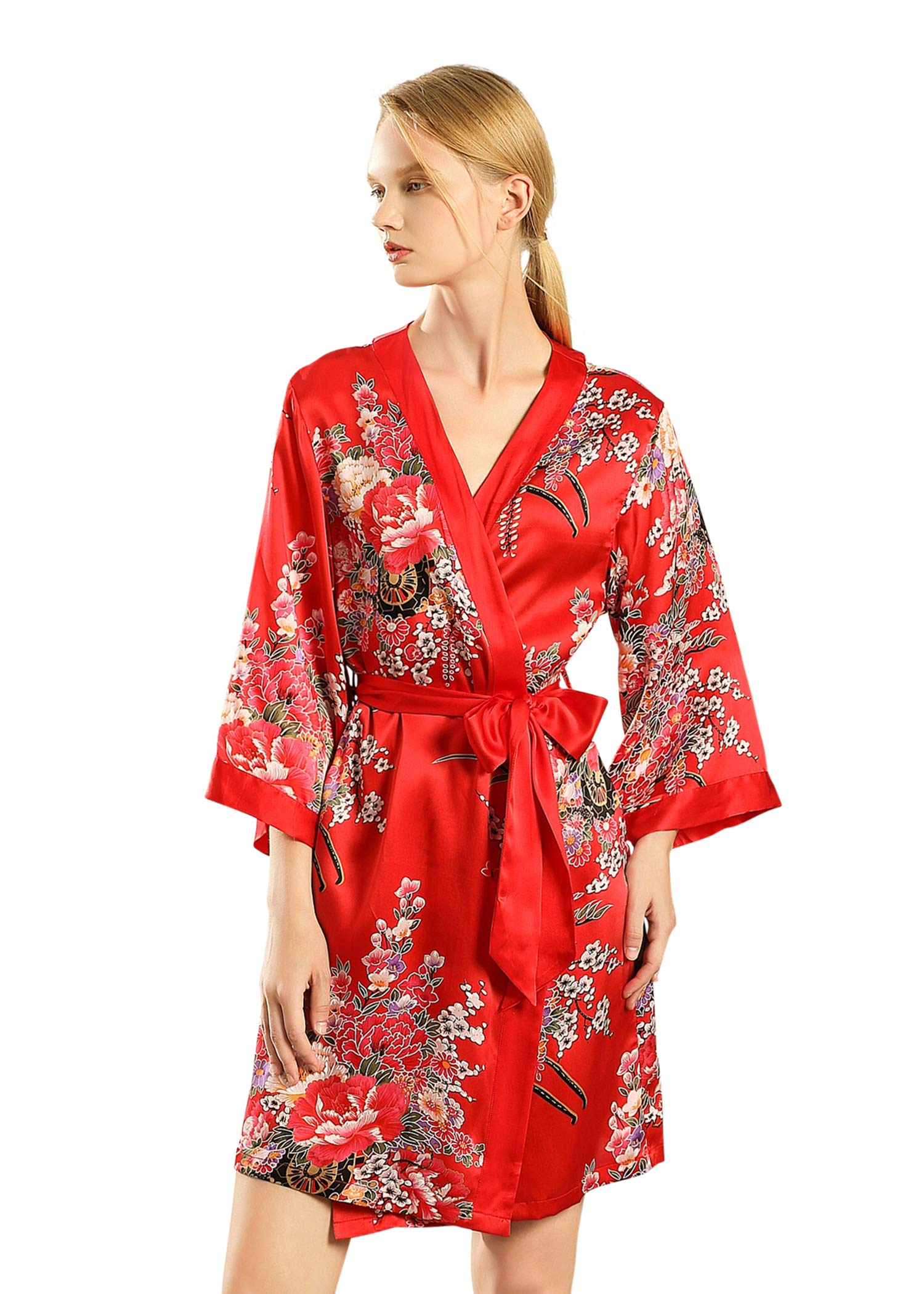 100 Silk Womens Short Printed Red Robe with Kimono Collar