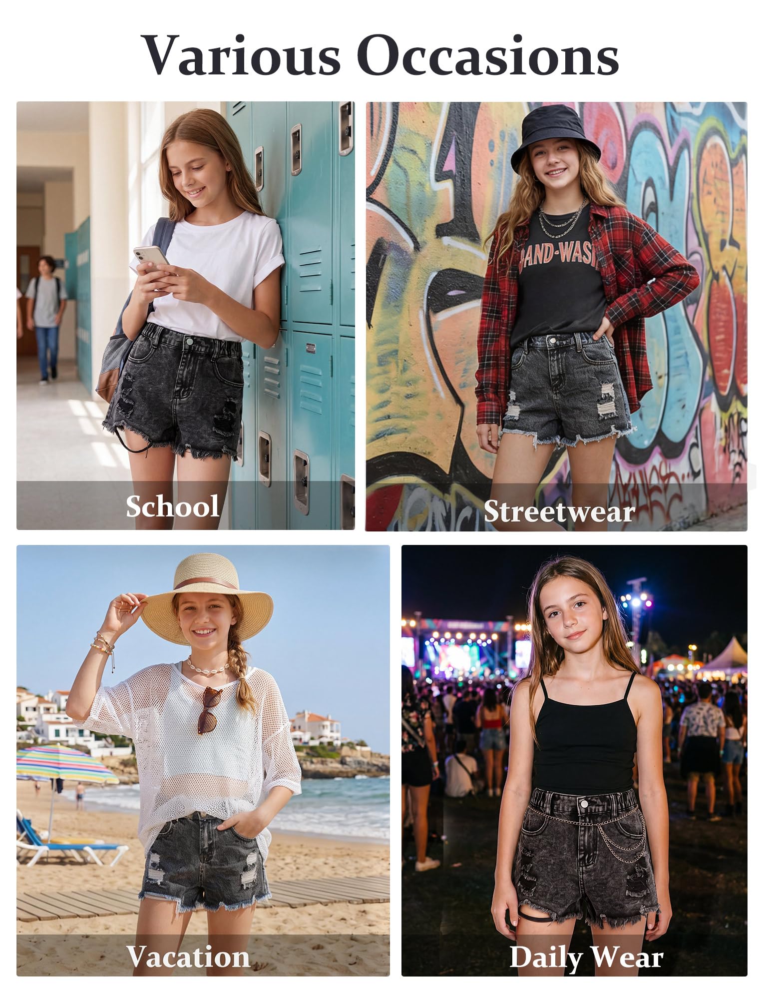 Happy Cherry Fille Short en Jean Déchiré Été Taille Élastique Pantalon Court Denim Décontracté avec Poches pour Enfants 5 à 14 Ans