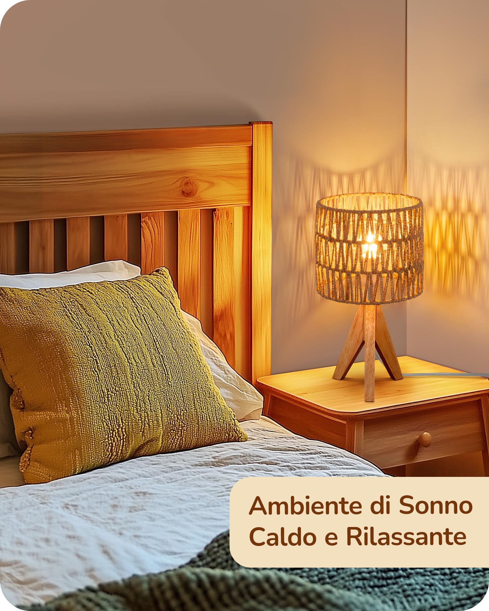 EDISHINE Lampada da Comodino con Treppiede in Legno Massiccio, Lampadina E27 2700K 4W Inclusa, Paralume in Corda Intrecciata a Mano, 20 x 20 x 36 cm, Lampada da Tavolo Moderna per Camera, Soggiorno