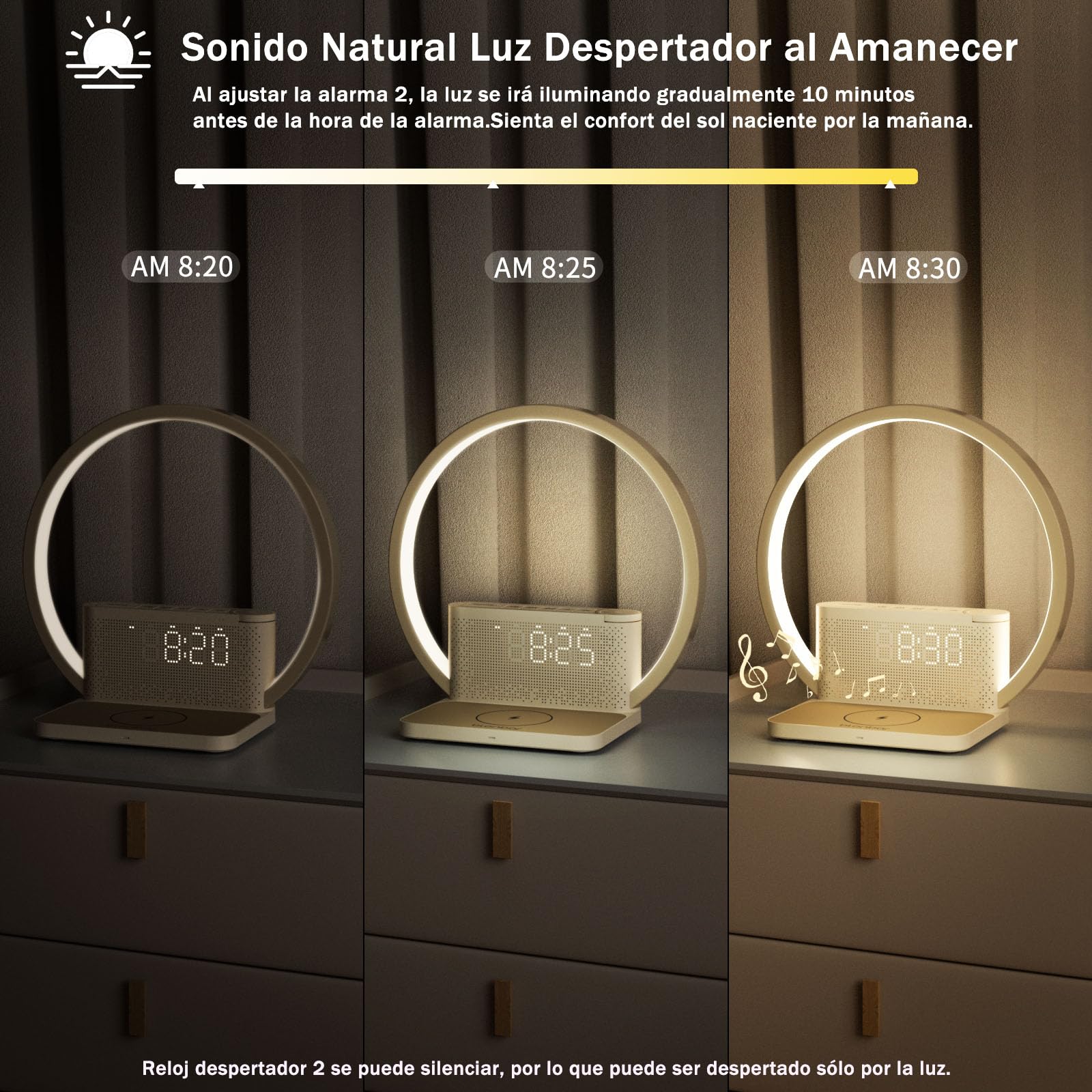 blonbar Lámpara de mesilla de noche con despertador iluminado, luz para despertarse, cargador inalámbrico de 10 vatios,3 niveles de brillo atenuación táctil, música, ayuda para dormir en el dormitorio