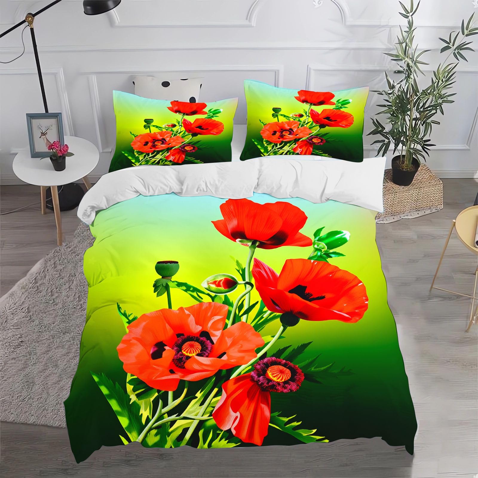 Fgolphd Red Floral Duvet Cover Set, Soft Microfiber Double-200x200cm Bedding with Zipper, All Seasons Bedroom Decor