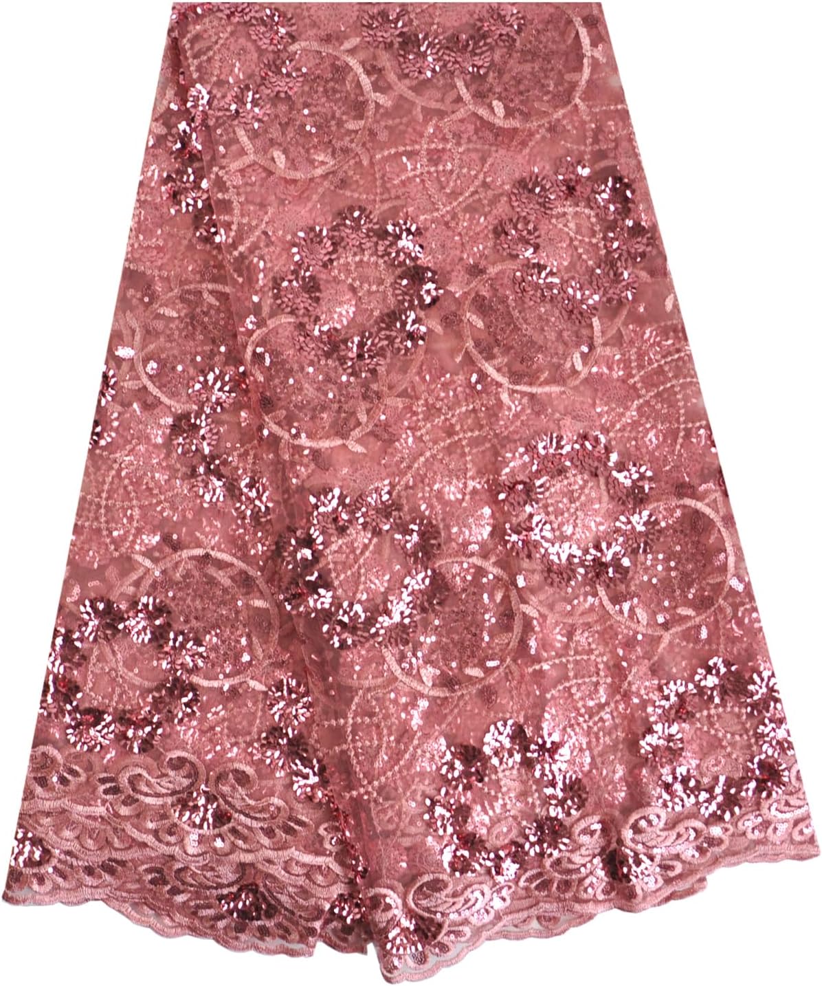 SanVera17 African Fabric Garland Sequins Net Fabrics Nigerian Embroidered Lace Fabric for Party Dress (White) 5 Yards