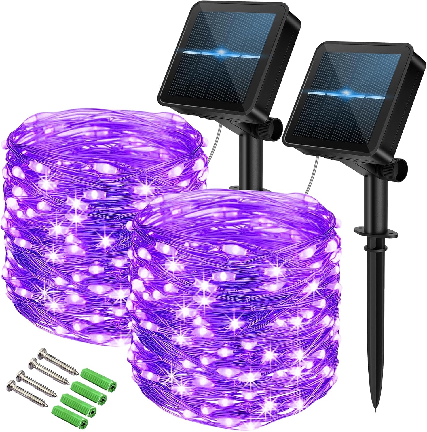 120 LED Solar Fairy Lights Outdoor, 2 Pack Total 24M/ 80Ft 240LEDS, 8 Modes with 8-Hour Timer, Outdoor Garden Lights, Waterproof String Lights, Suitable for Party, Camping, Decorations (Purple)