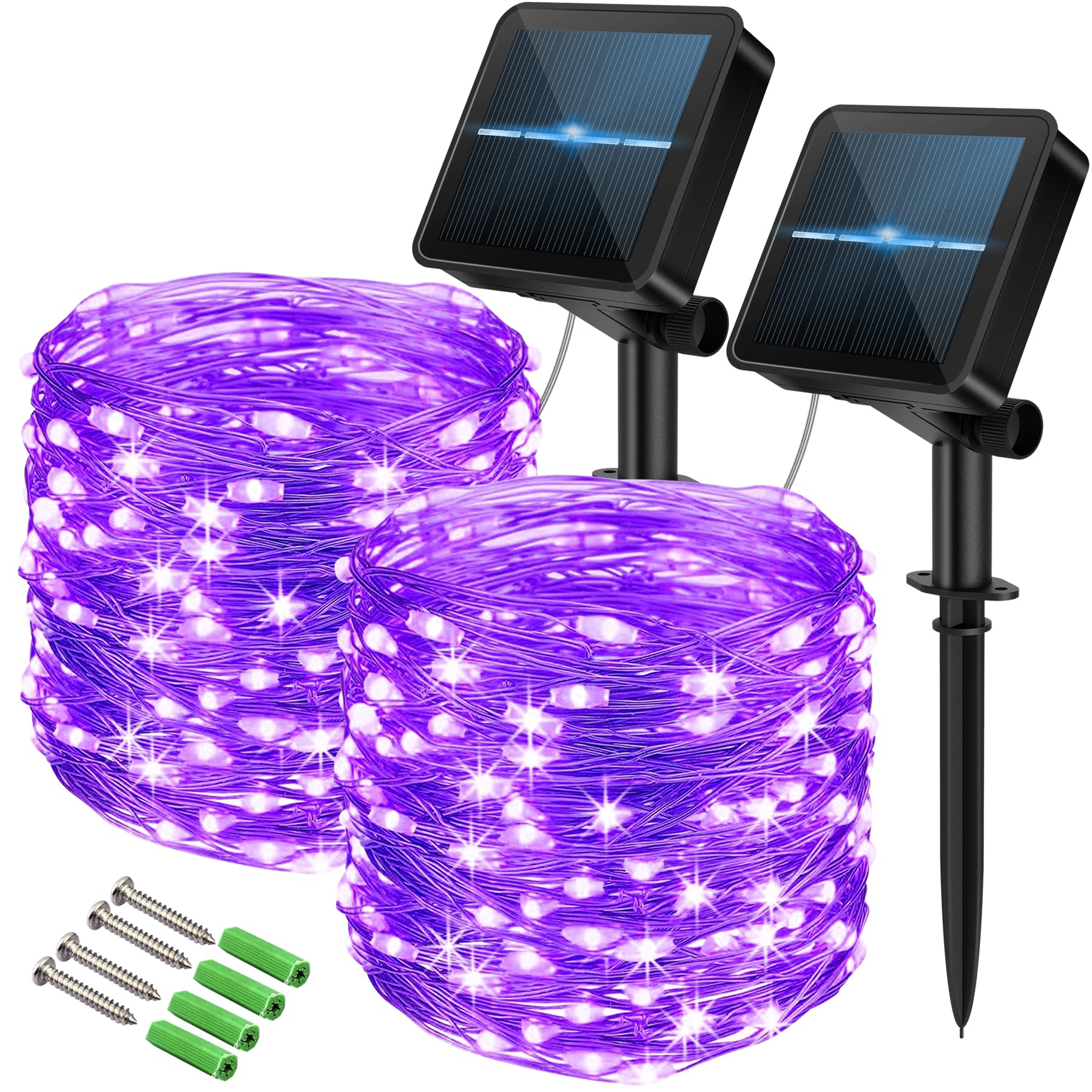 120 LED Solar Fairy Lights Outdoor, 2 Pack Total 24M/ 80Ft 240LEDS, 8 Modes with 8-Hour Timer, Outdoor Garden Lights, Waterproof String Lights, Suitable for Party, Camping, Decorations (Purple)